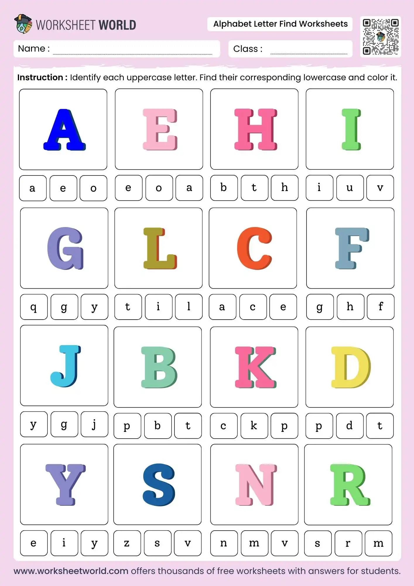 alphabet letter find worksheets featuring colorful uppercase and lowercase matching blocks