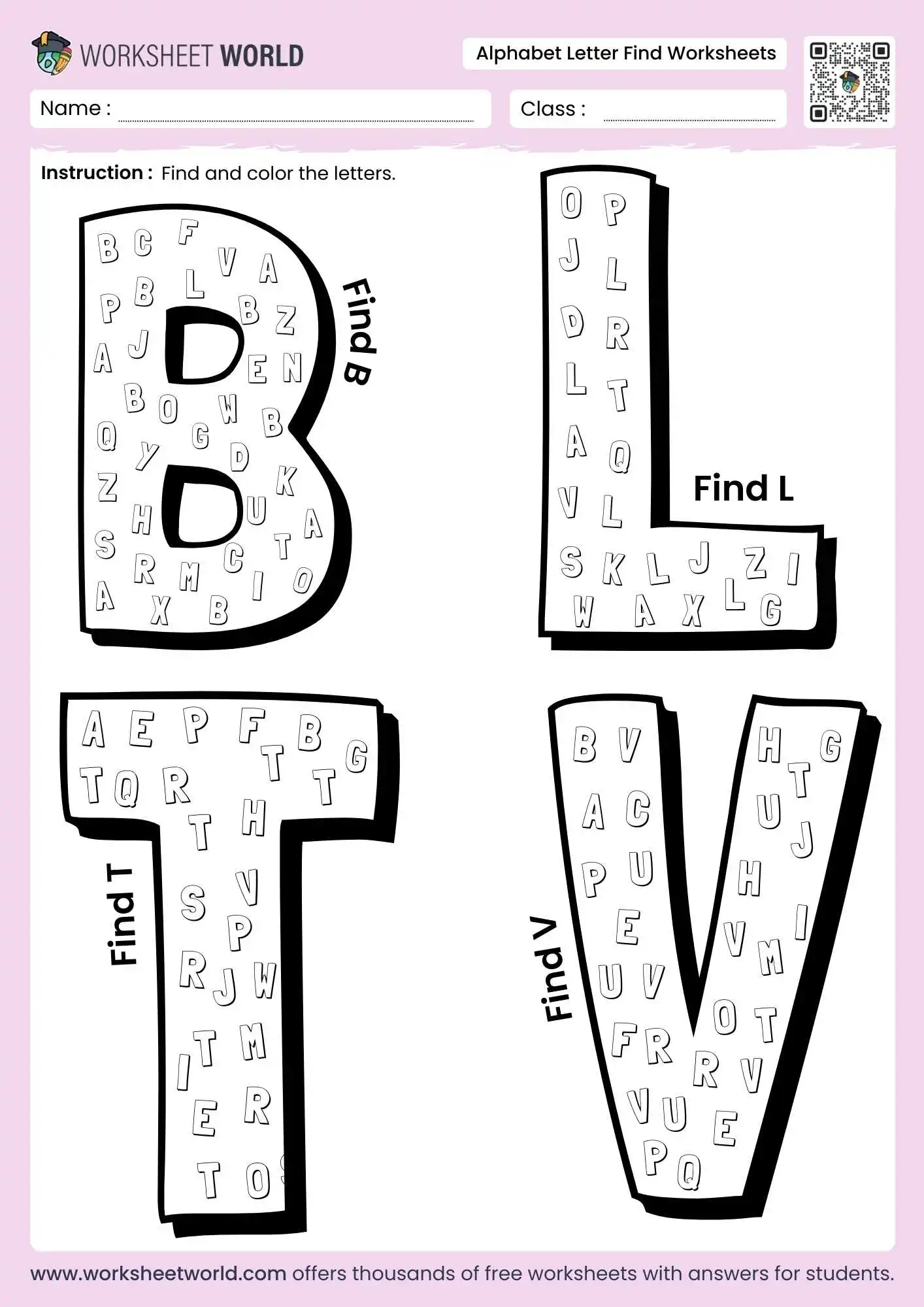 alphabet letter find worksheets featuring large frames shaped like B L T and V