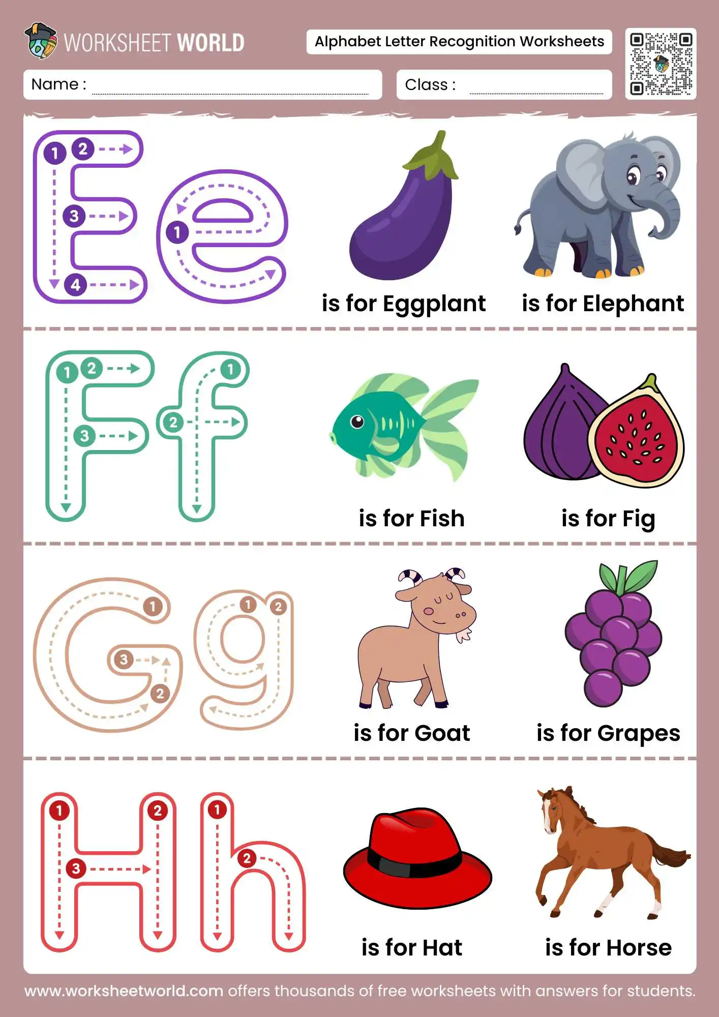 Free Printable Alphabet Letter Recognition Worksheets 1 alphabet letter recognition worksheets featuring Ee to Hh with eggplant elephant and hat