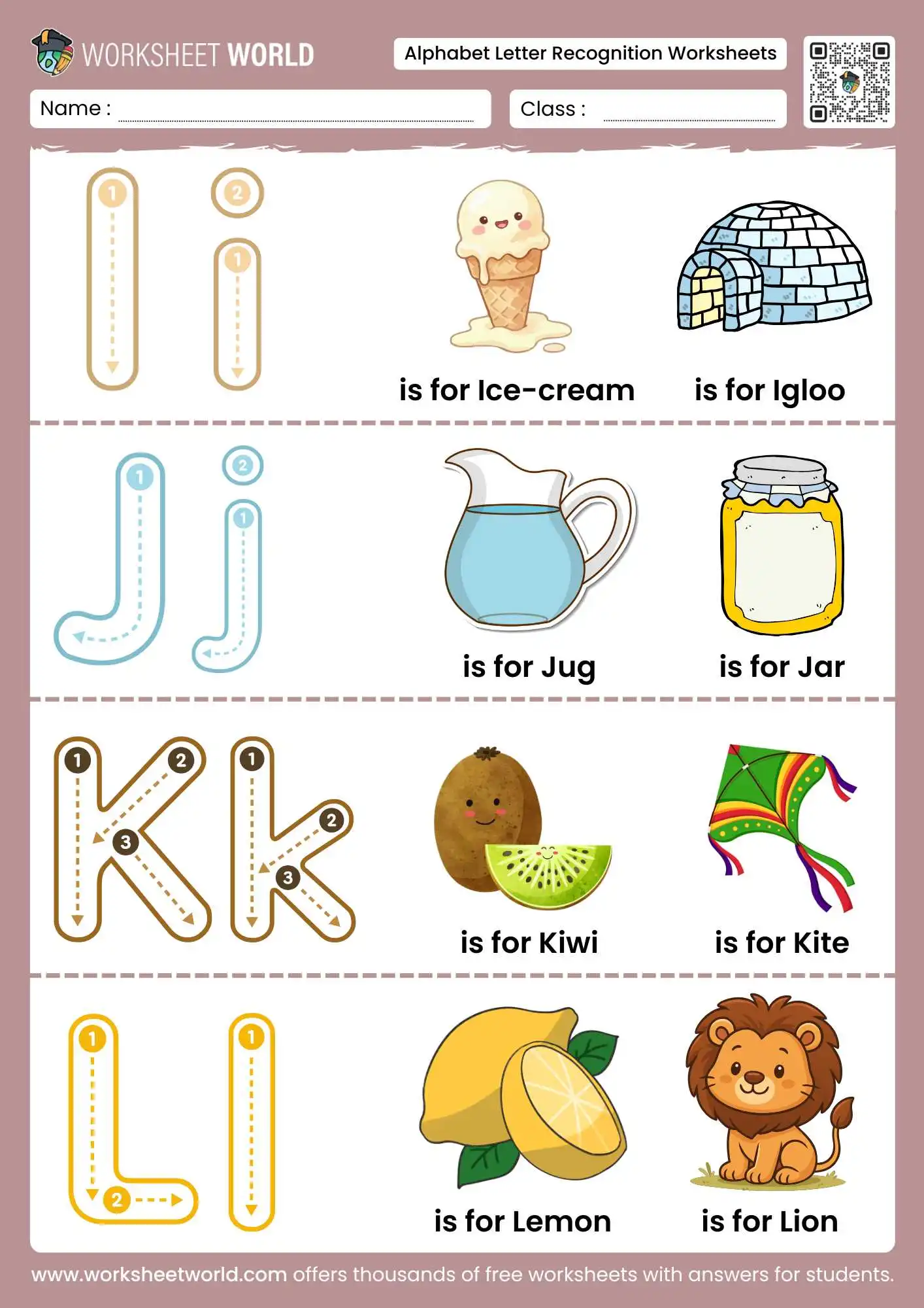Free Printable Alphabet Letter Recognition Worksheets 2 alphabet letter recognition worksheets featuring Ii to Ll with ice cream igloo and kite