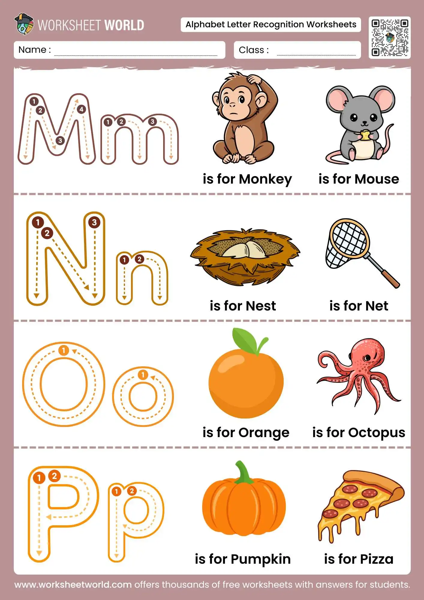 Free Printable Alphabet Letter Recognition Worksheets 3 alphabet letter recognition worksheets featuring Mm to Pp with monkey nest and octopus