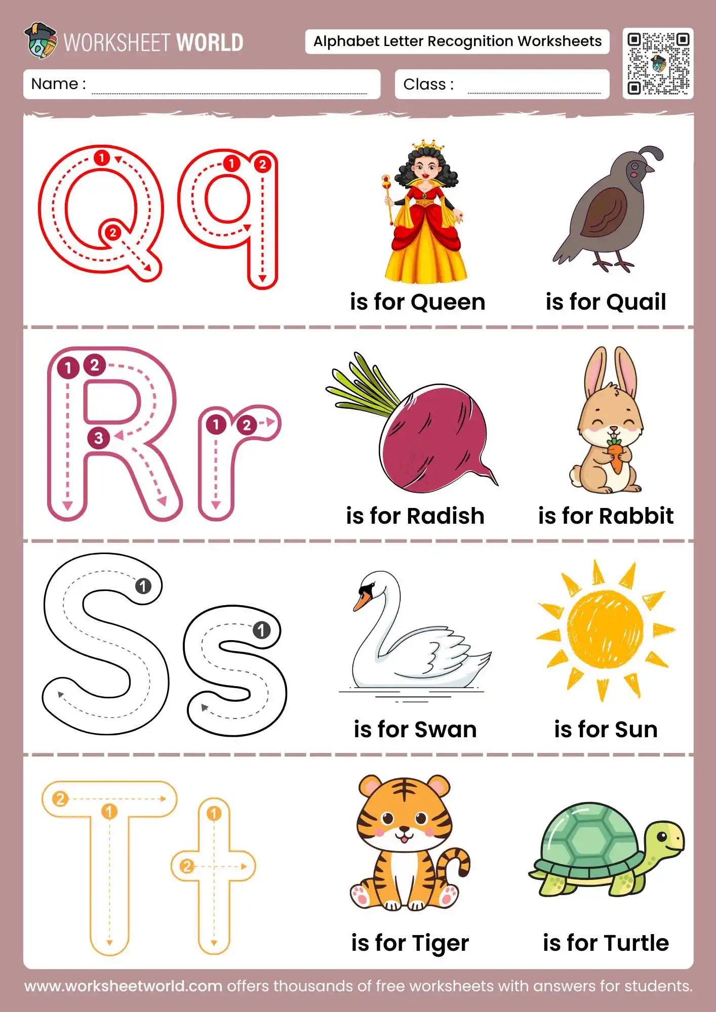 Free Printable Alphabet Letter Recognition Worksheets 4 alphabet letter recognition worksheets featuring Qq to Tt with queen rabbit and tiger
