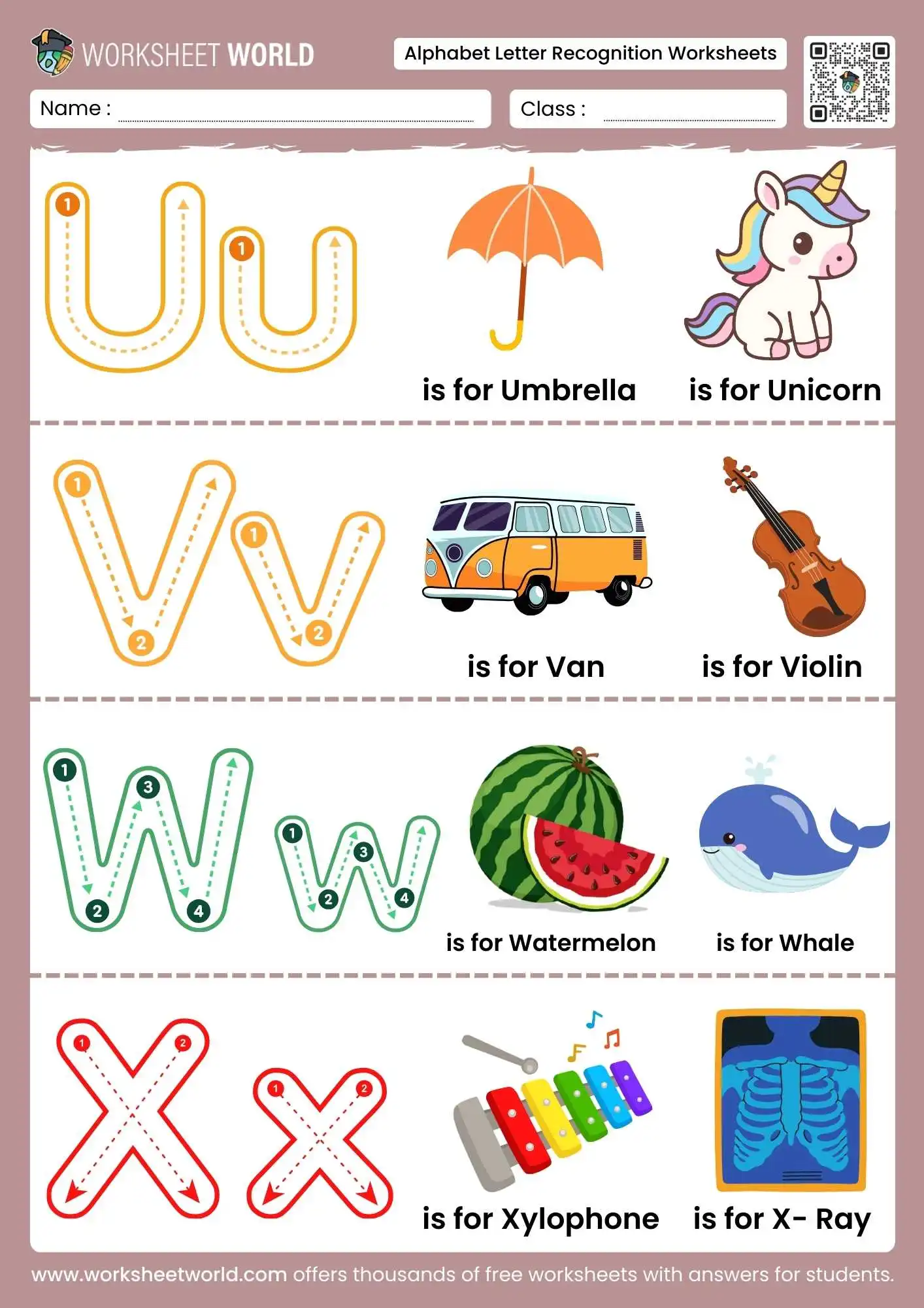 Free Printable Alphabet Letter Recognition Worksheets 5 alphabet letter recognition worksheets featuring Uu to Xx with umbrella van and watermelon