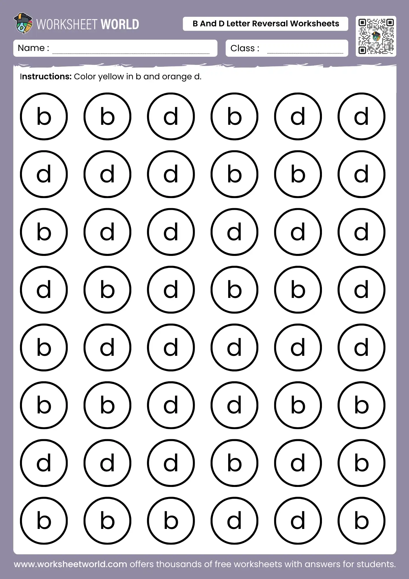 printable b and d letter reversal worksheets with color by letter circle grid
