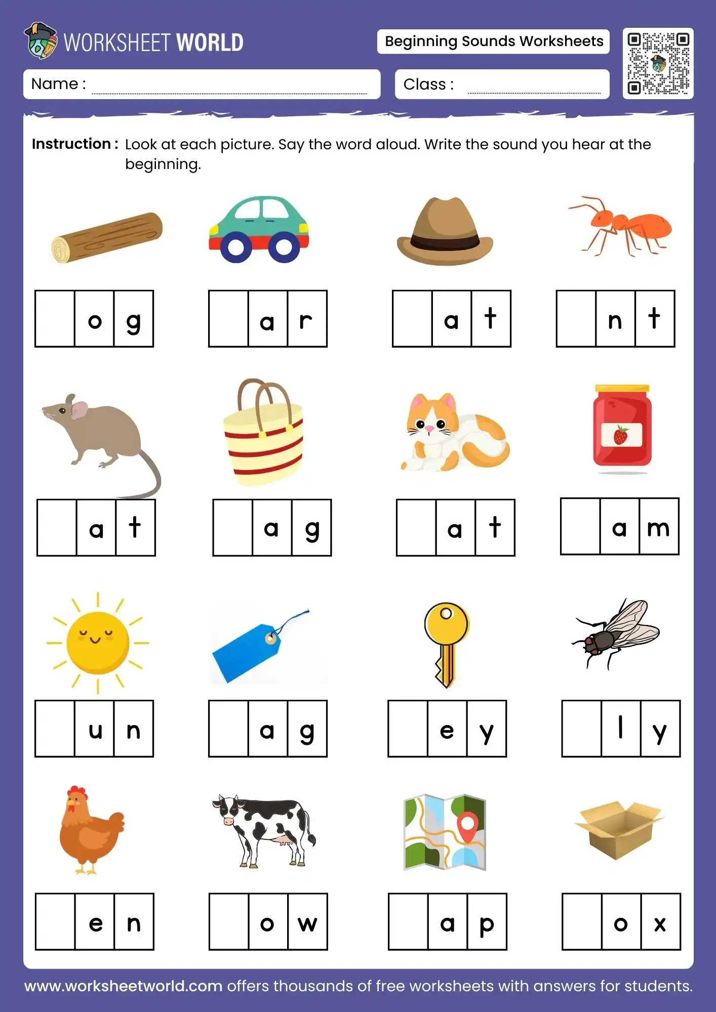 beginning letter sounds worksheets featuring a fill in the blank phonics activity with a car and ant