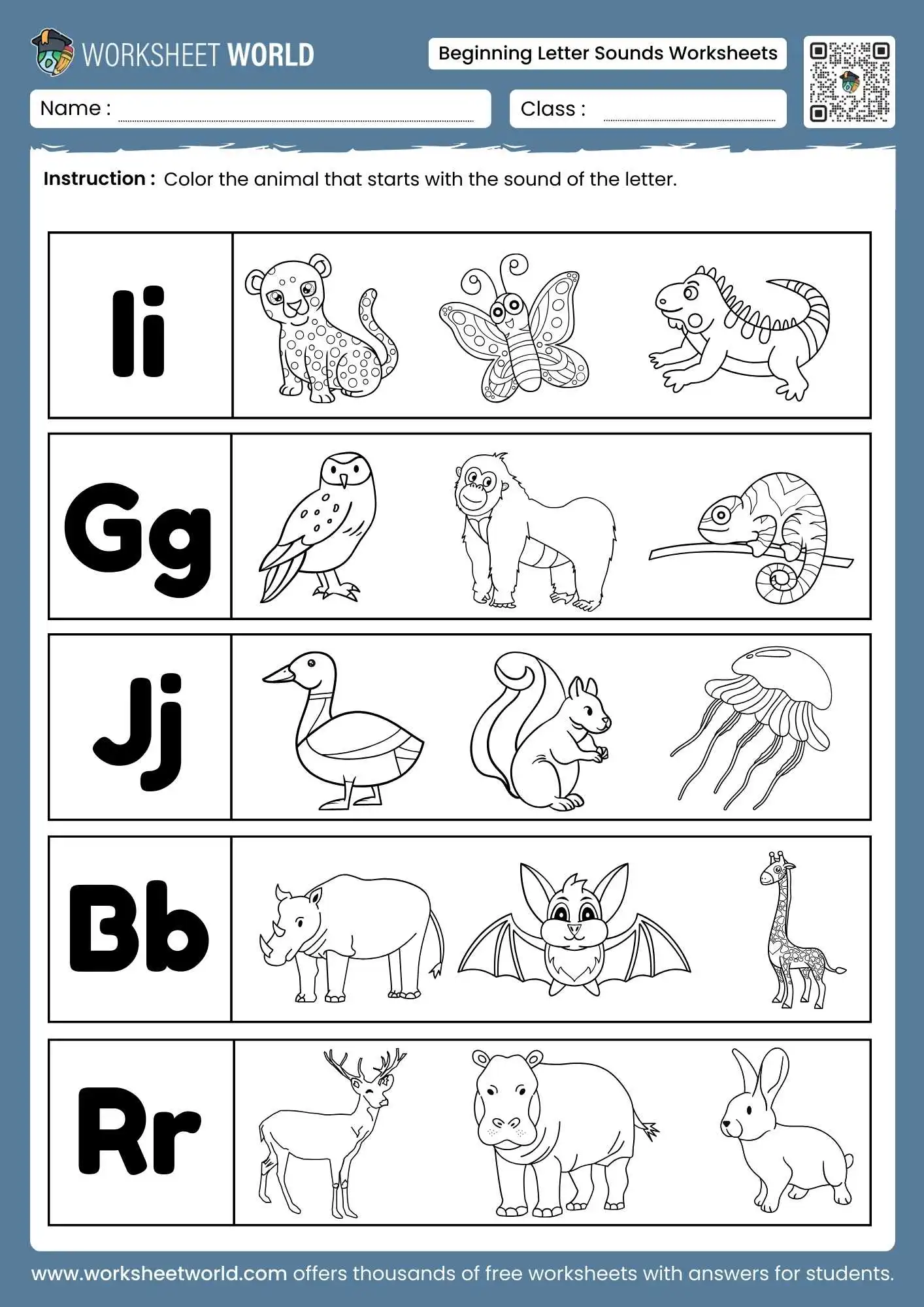beginning sounds worksheets featuring a color the animal activity for letters I G J B and R