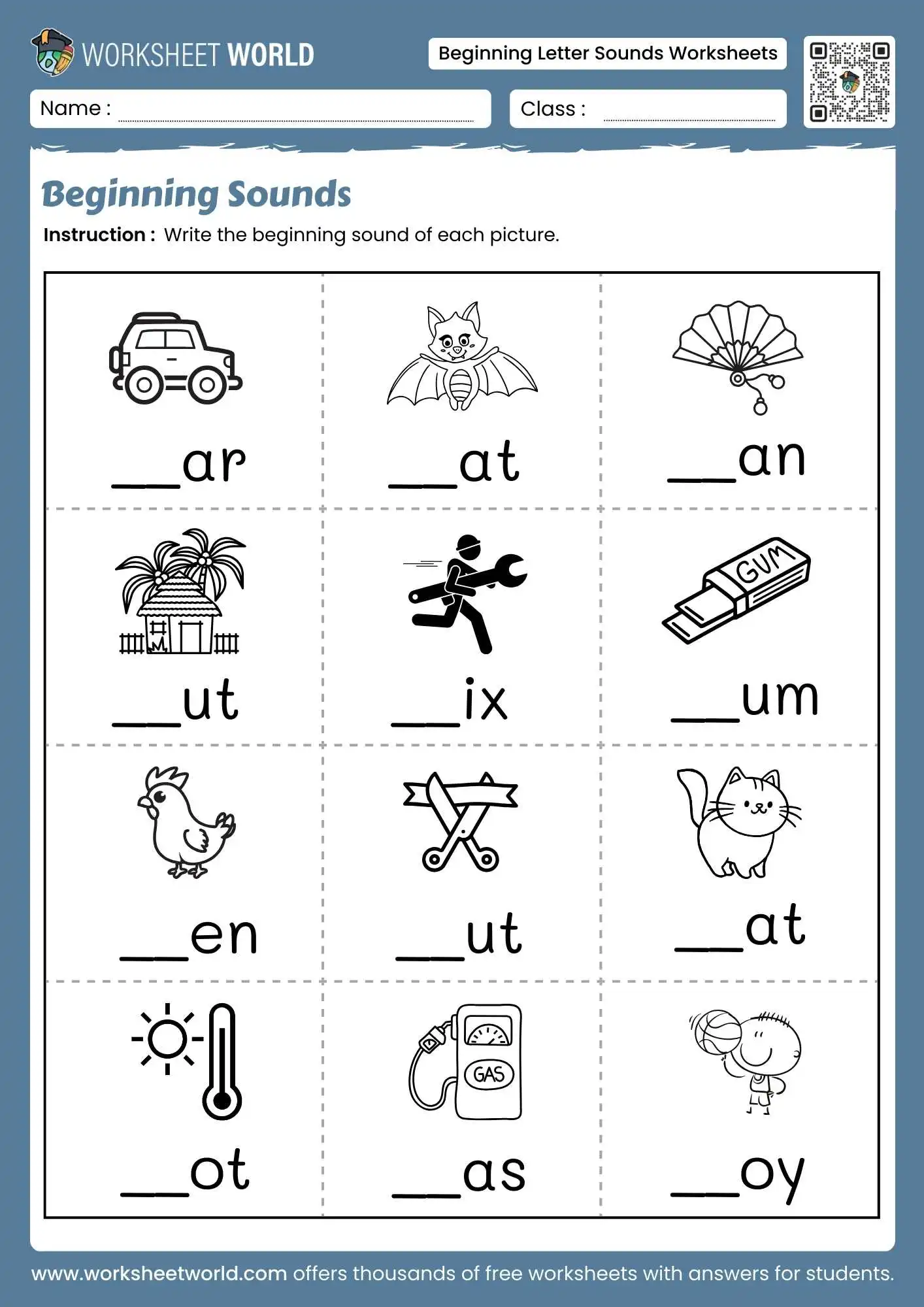 beginning sounds worksheets featuring a write the beginning sound activity with car bat and fan