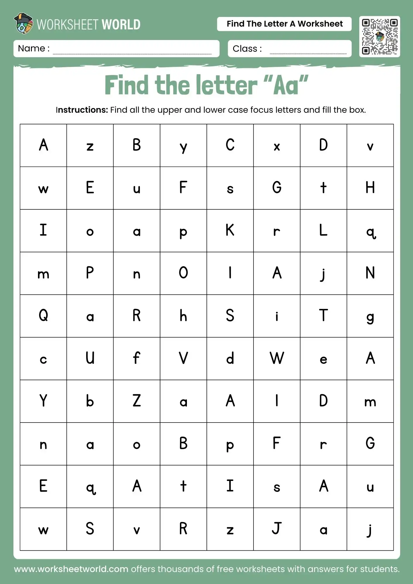 find the letter a worksheets for kindergarten grid search game