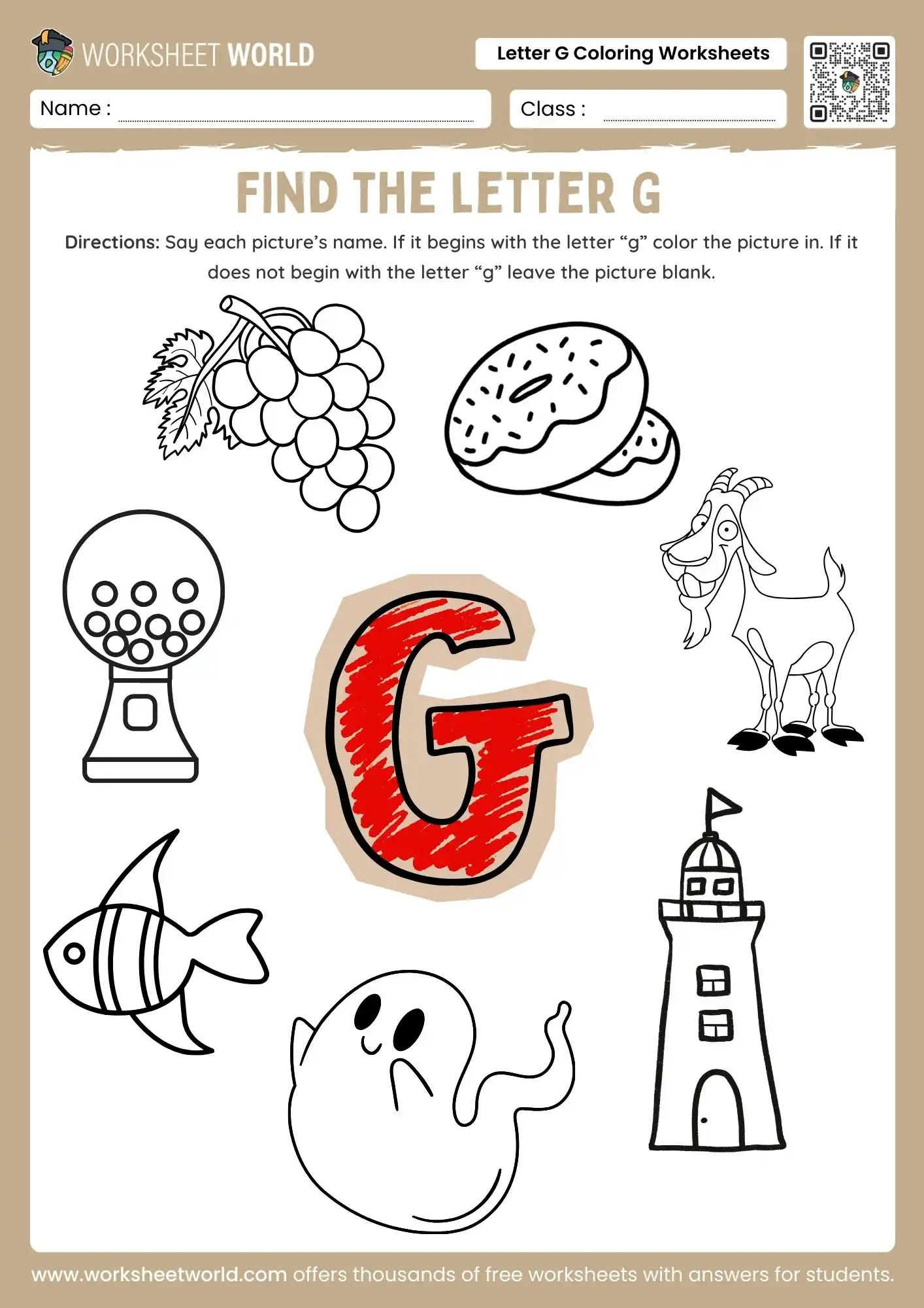 Creative Letter G Coloring Worksheets (Free Printable) 1 letter g coloring worksheets with a red colored g surrounded by grapes donut goat and ghost