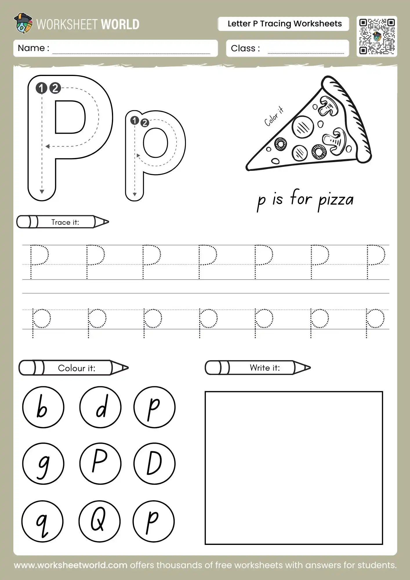 Letter P Tracing Worksheets (Free Printable Preschool and Kindergarten) 1 letter p tracing worksheets with a pizza drawing and letter identification circles