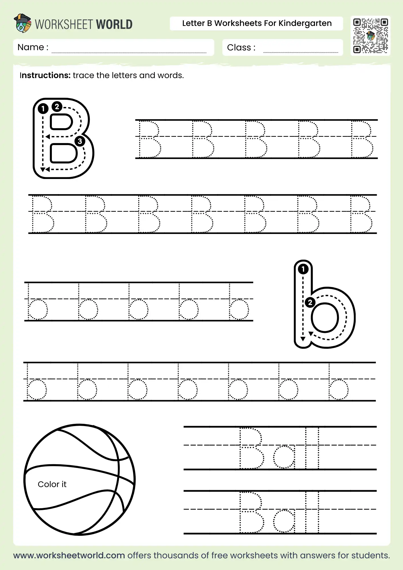printable letter b worksheets for kindergarten with word tracing and stroke guides