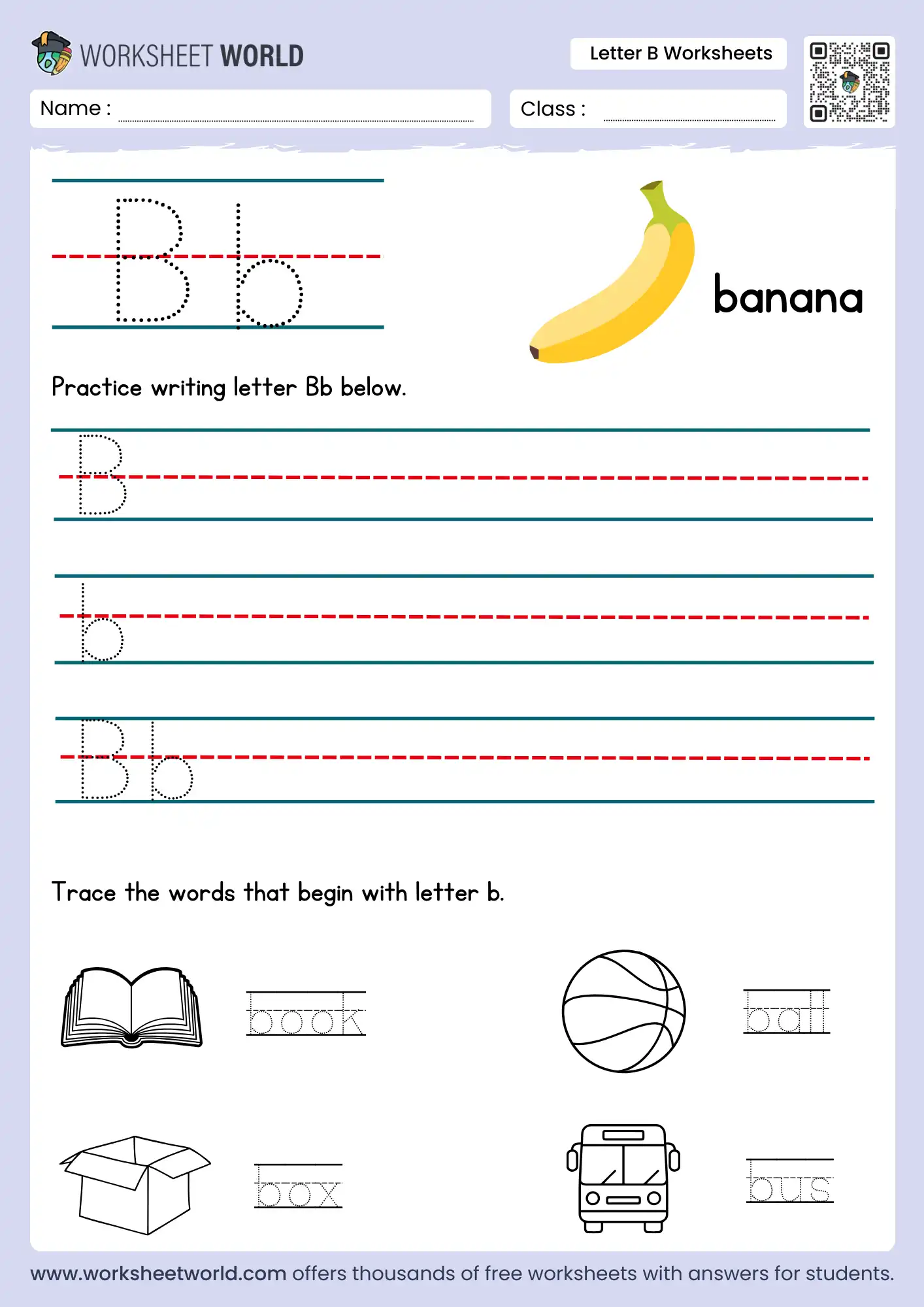Free Printable Letter B Worksheets For Preschool and Kindergarten 2 free letter b worksheets with banana illustration and word tracing exercises