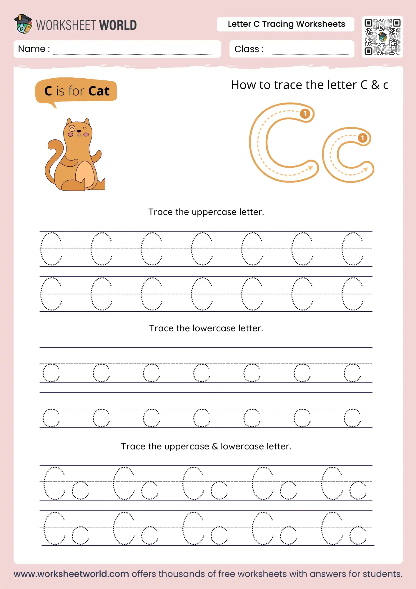 letter c tracing worksheets with a cat character and stroke order guides for kindergarten