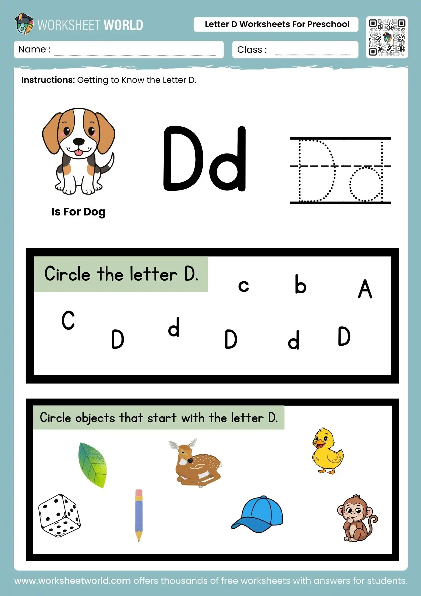 letter d worksheets for preschool with a puppy drawing and object circling game for students