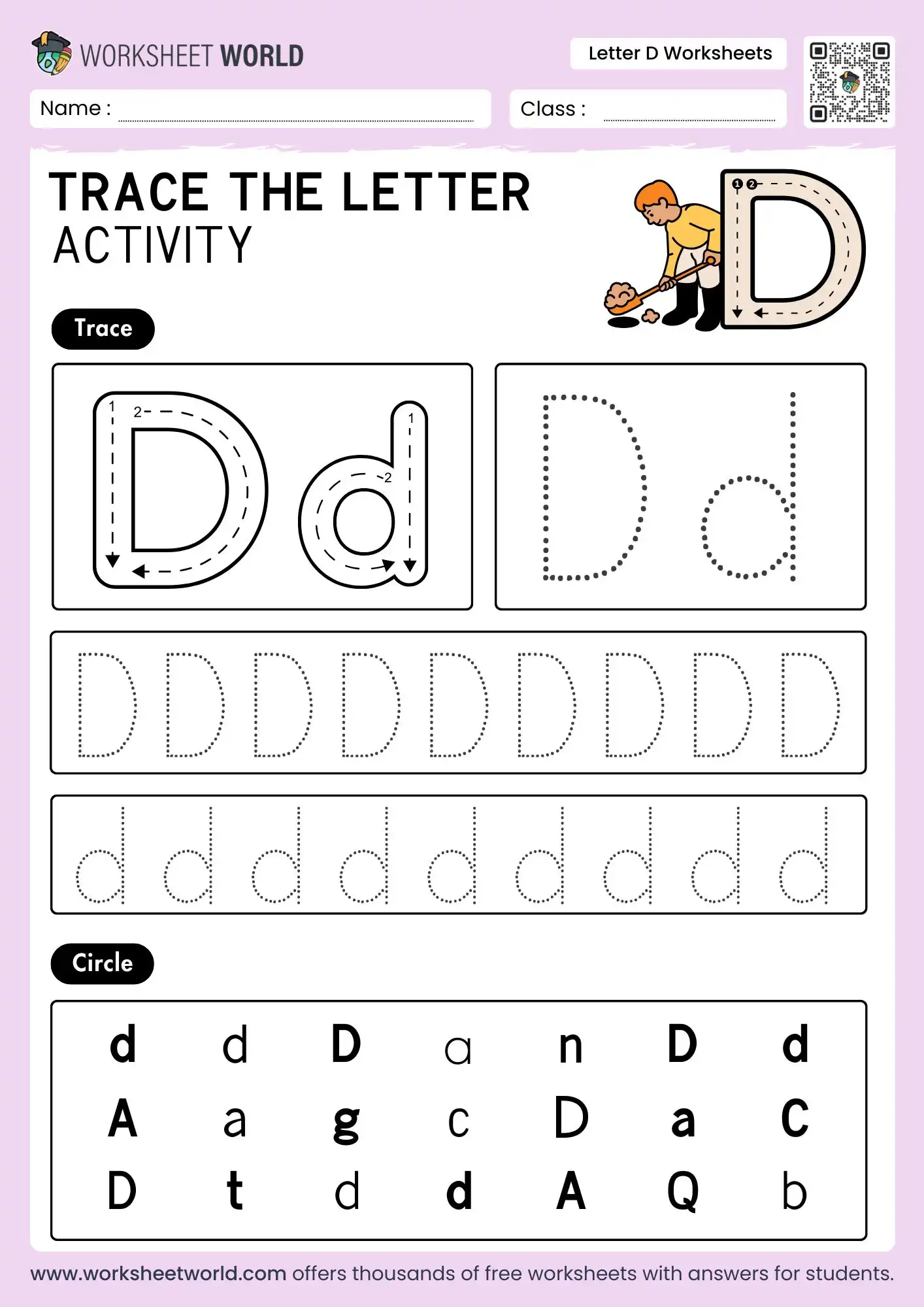 Free Printable Letter D Worksheets For Preschool and Kindergarten 2 letter d worksheets with a digging boy illustration and a letter circling grid for practice