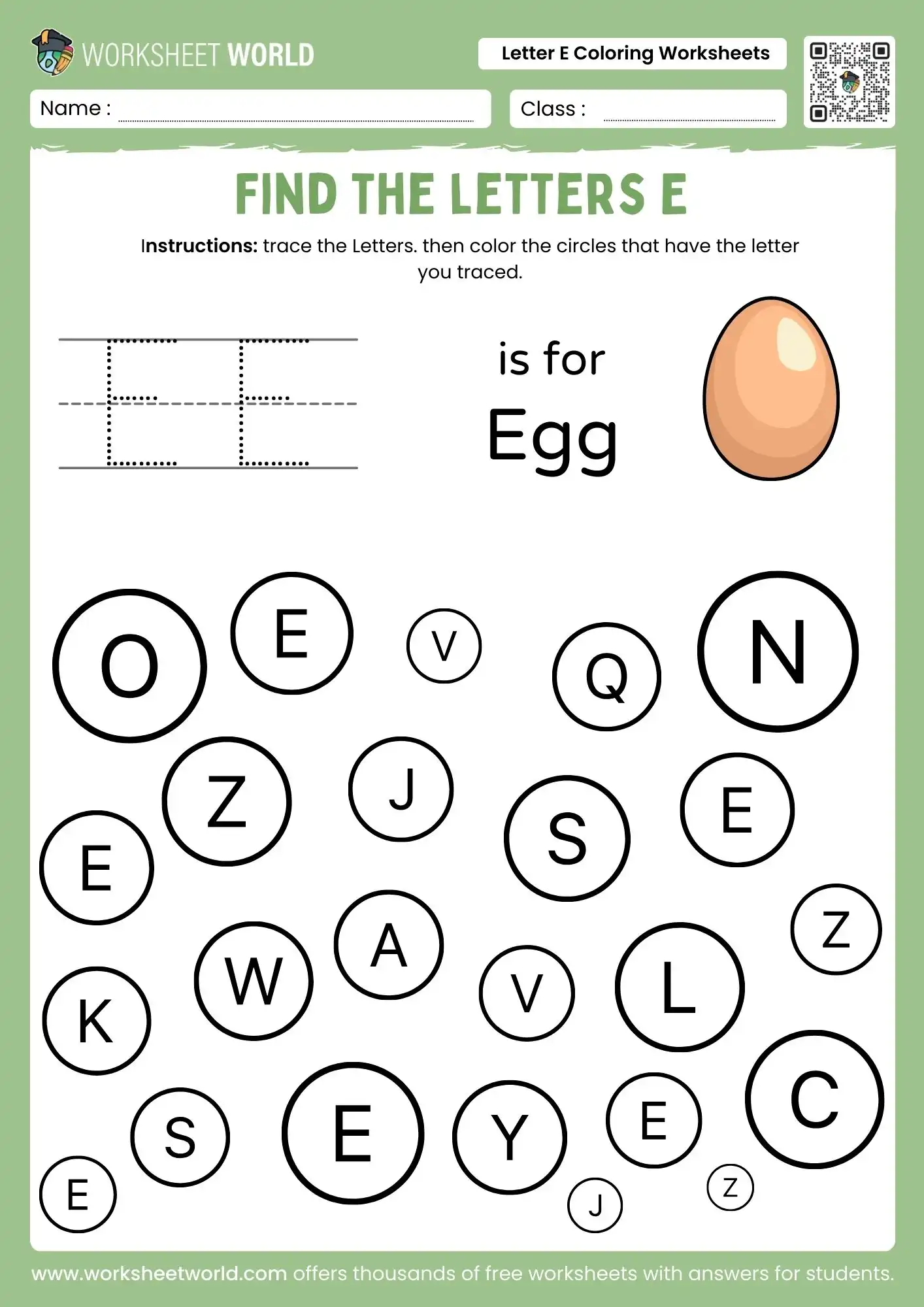 Free Printable Letter E Coloring Worksheets PDF for Students 1 letter e coloring worksheets with a find the letters game and egg illustration for kids