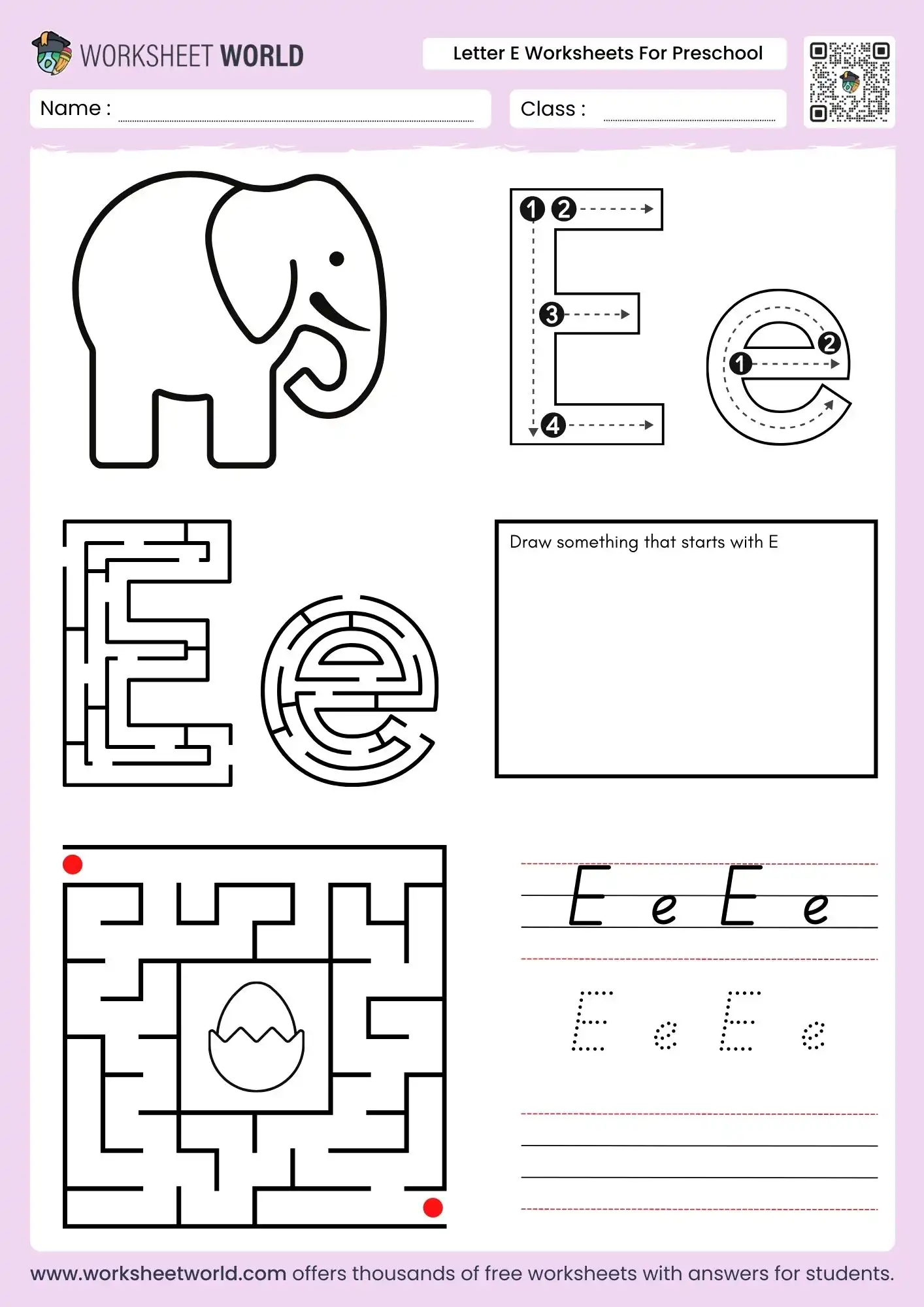 letter e worksheets for preschool featuring alphabet mazes and egg illustration for kids