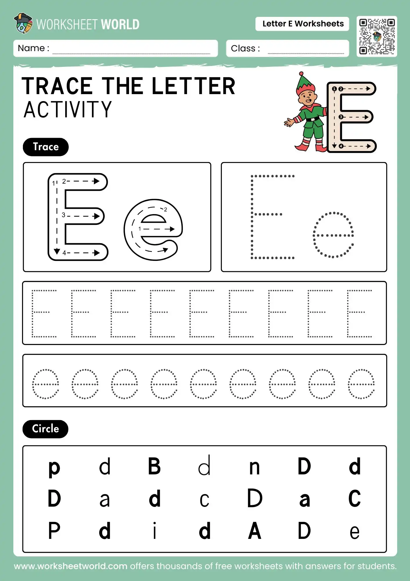 letter e worksheets with a cute elf illustration and a letter identification grid for kids