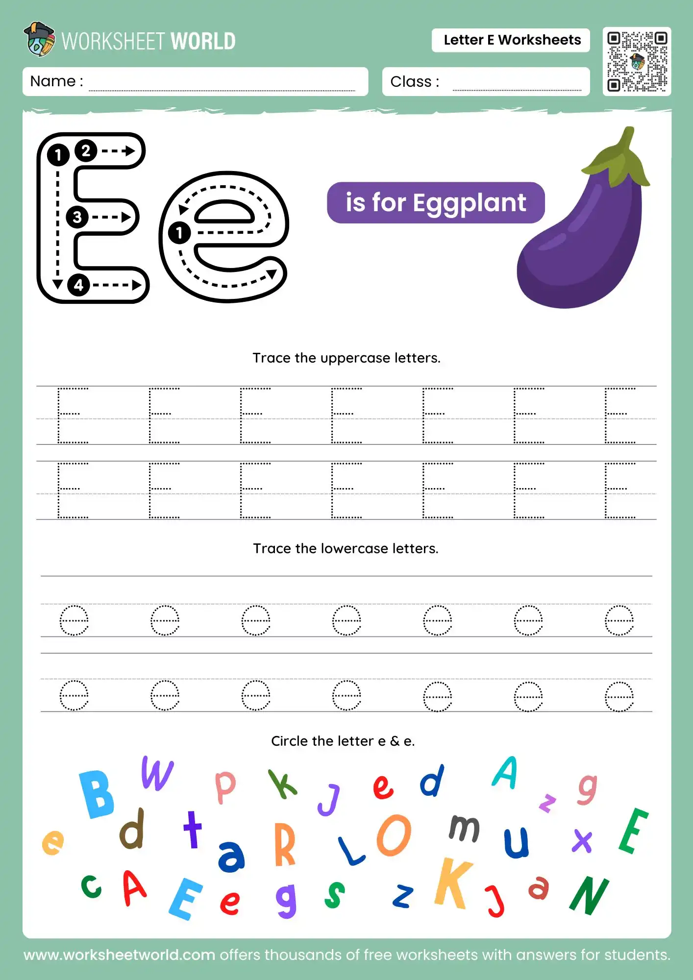 letter e worksheets showing an eggplant and a colorful letter search game for kindergarten