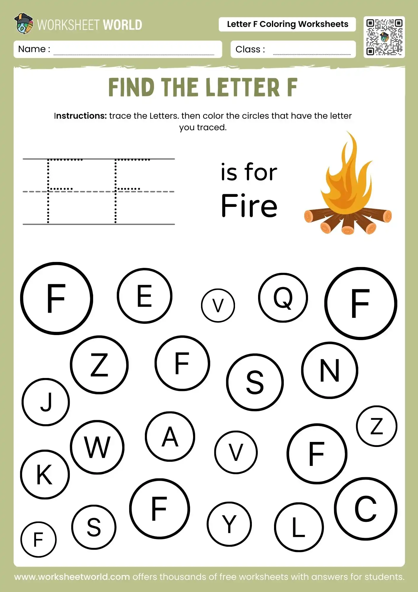 Creative Letter F Coloring Worksheets (Preschool & Kindergarten) 1 letter f coloring worksheets with a find the letters game and fire illustration for kids