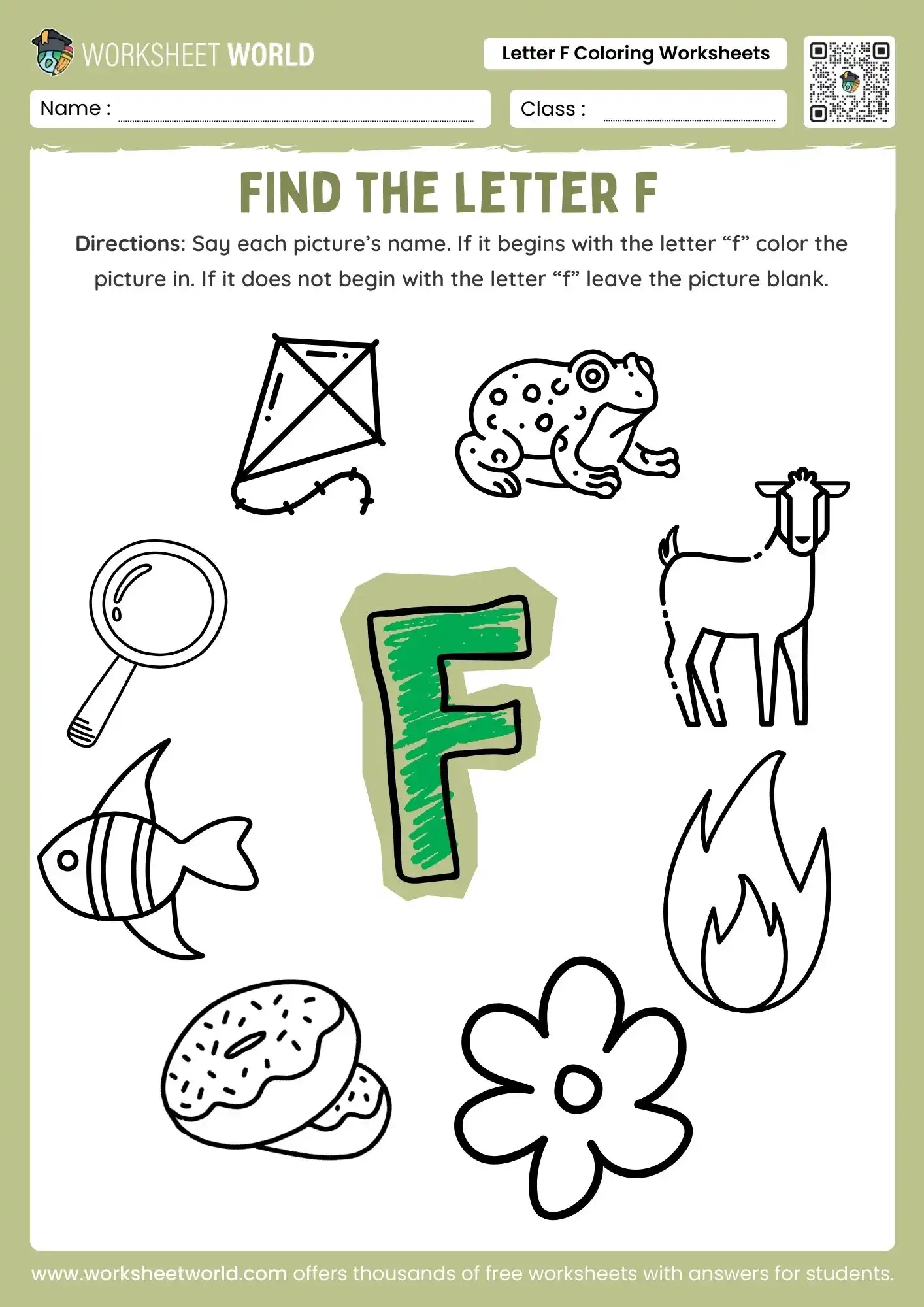 Creative Letter F Coloring Worksheets (Preschool & Kindergarten) 2 letter f coloring worksheets with a large green f surrounded by frog fish fire and flower