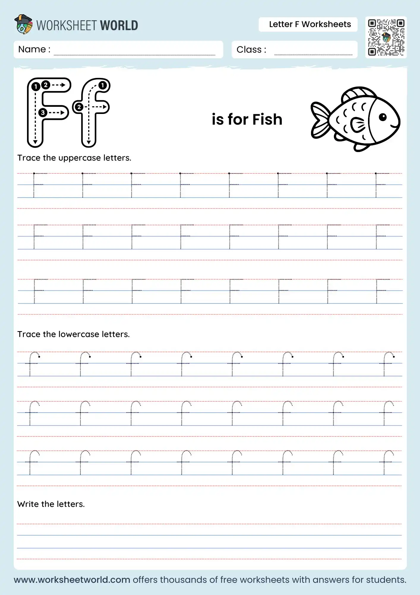 Free Printable Letter F Worksheets For Preschool 1 letter f worksheets with a fish drawing and uppercase lowercase tracing rows for kindergarten