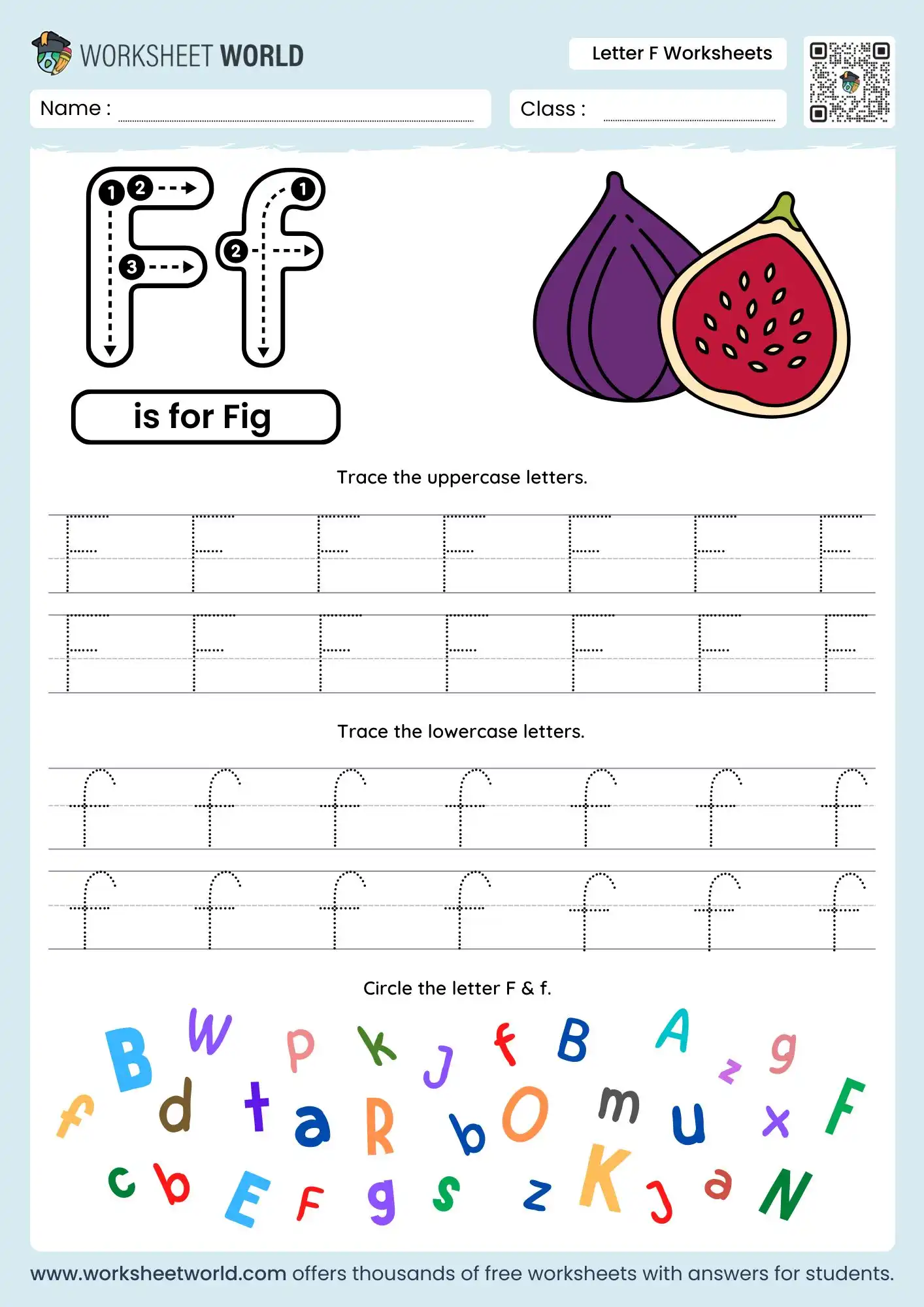 Free Printable Letter F Worksheets For Preschool 2 letter f worksheets showing a fig and a colorful letter search game for kids