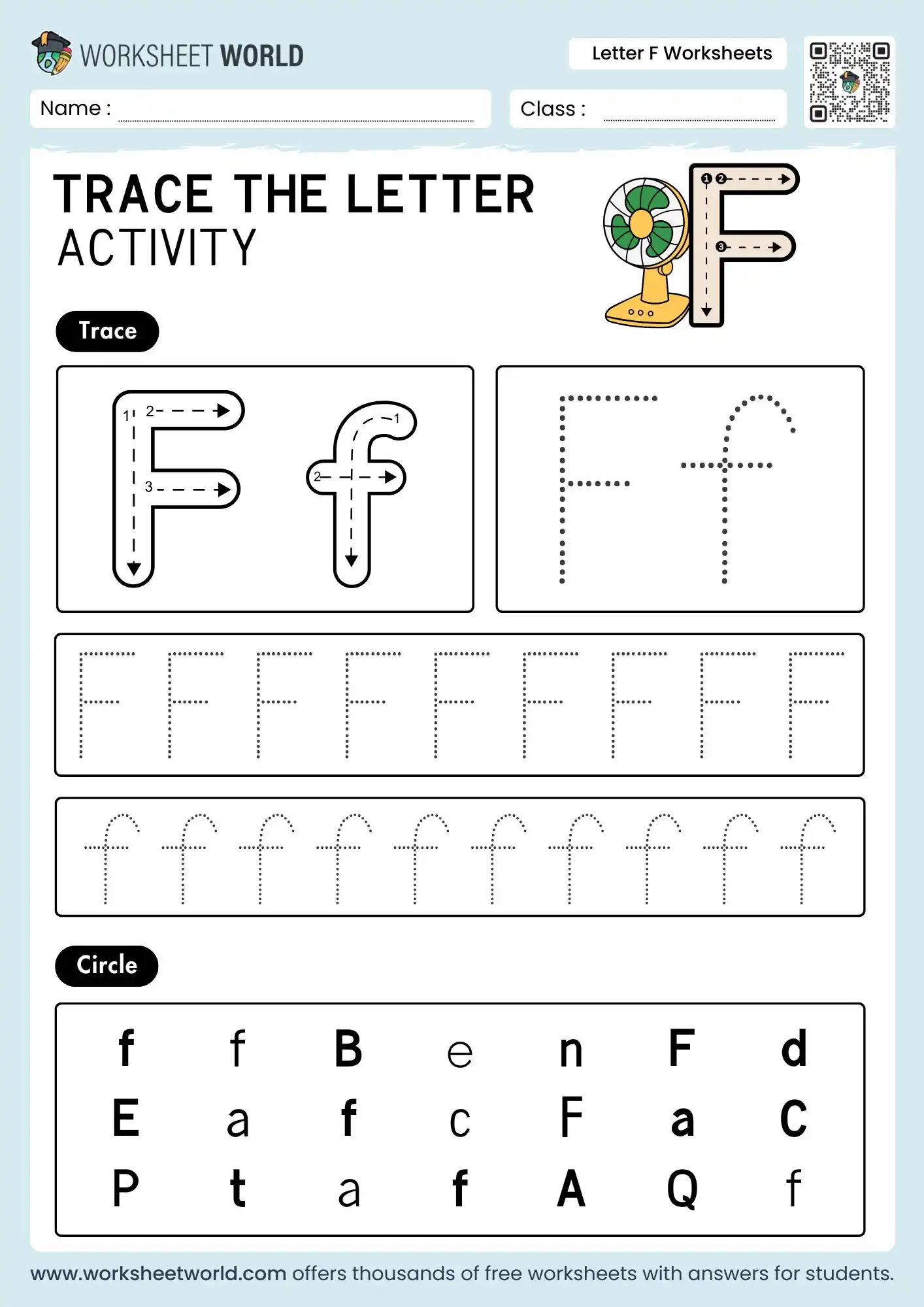 Free Printable Letter F Worksheets For Preschool 3 letter f worksheets with a fan illustration and a letter circling grid for student practice