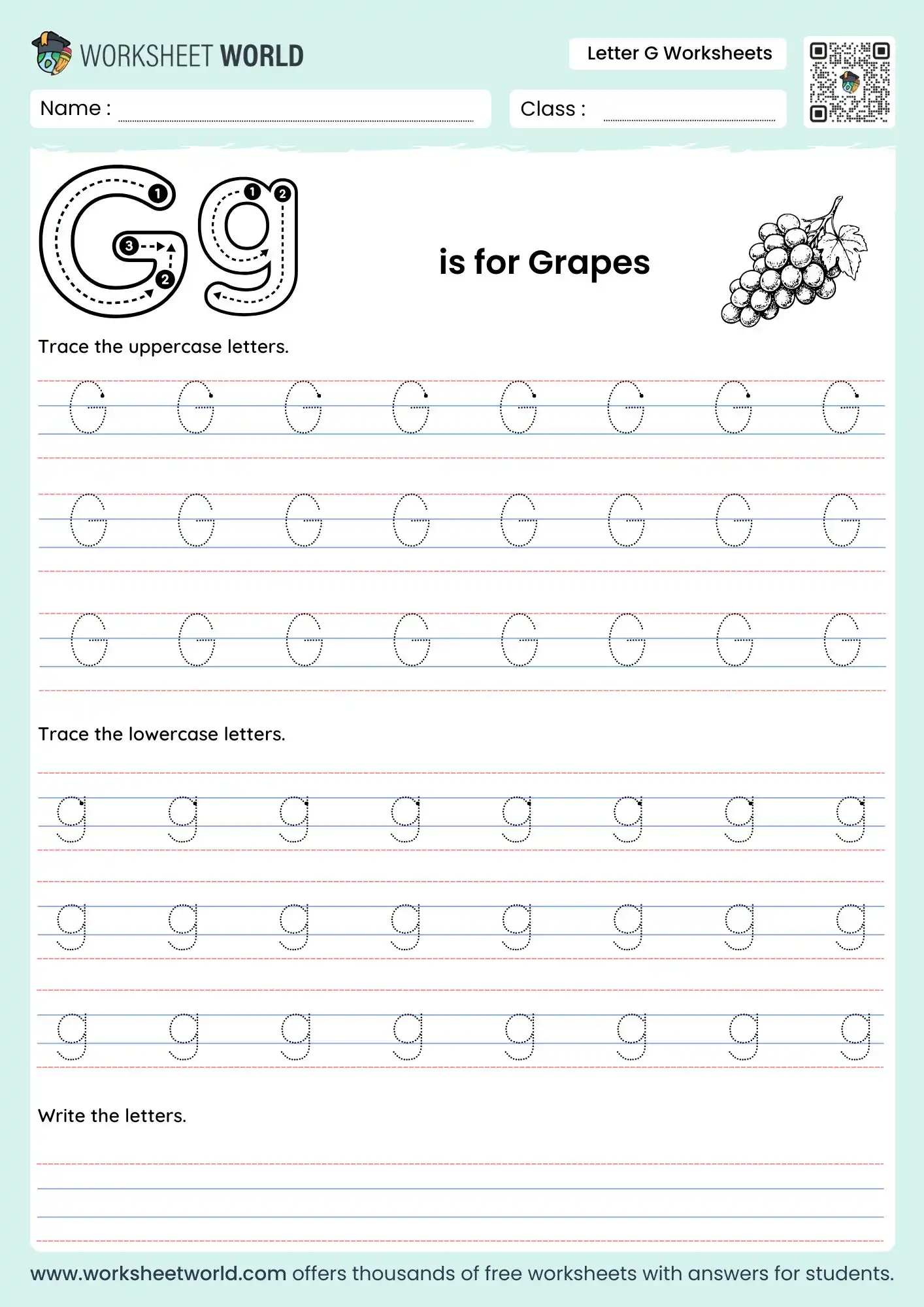 letter g worksheets with a grapes drawing and uppercase lowercase tracing rows for kindergarten