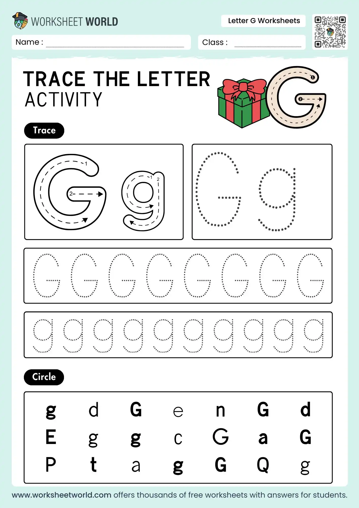 letter g worksheets with a gift illustration and a letter circling grid for student practice