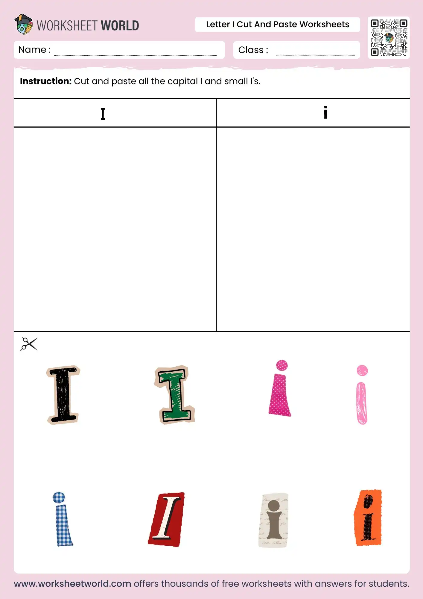 Letter I Cut And Paste Worksheets (Free Printable) 1 letter i cut and paste worksheets for matching uppercase I and lowercase i in different fonts