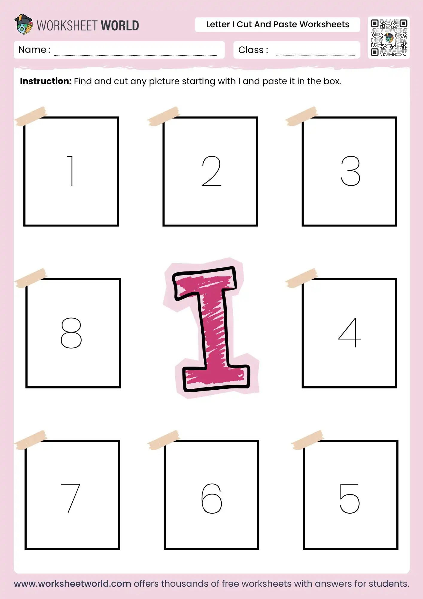 Letter I Cut And Paste Worksheets (Free Printable) 2 letter i cut and paste worksheets featuring empty boxes labeled with numbers around a central pink I
