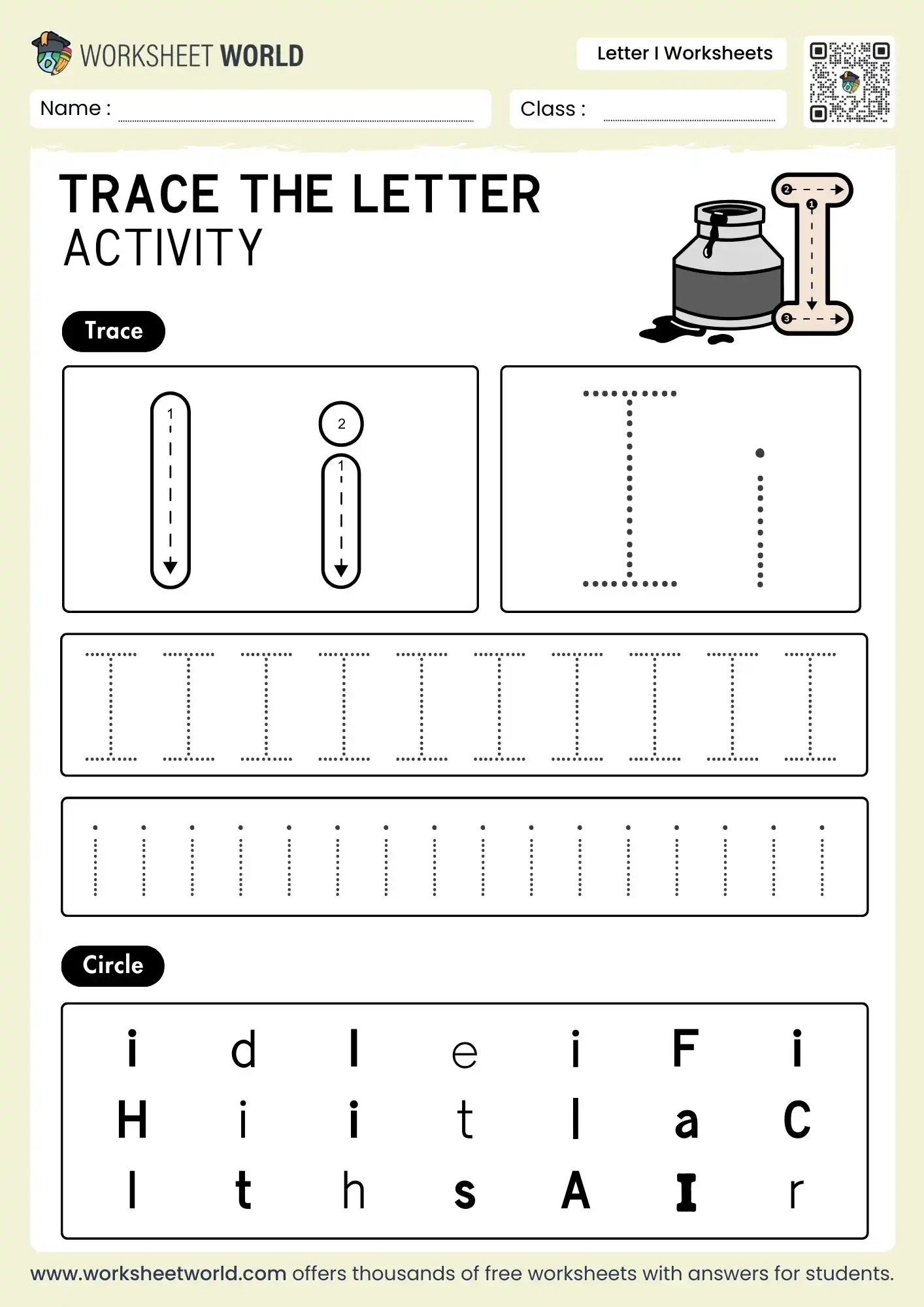 letter i tracing worksheets with an ink pot illustration and a letter search grid for kindergarten