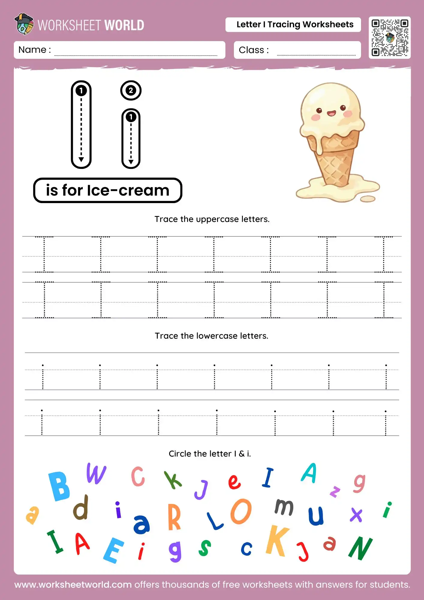 letter i worksheets with an ice cream cone and a colorful letter search game for kindergarten
