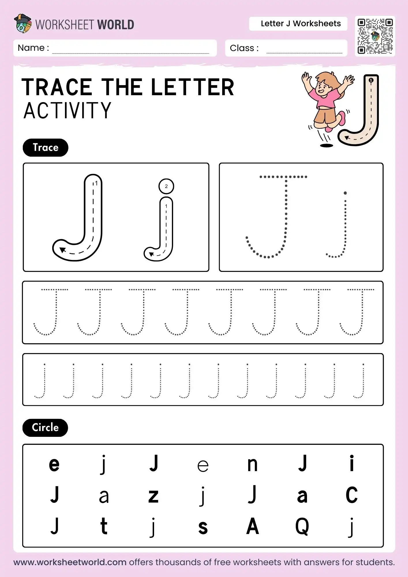 letter j worksheets with a girl jumping illustration and a letter identification circle grid