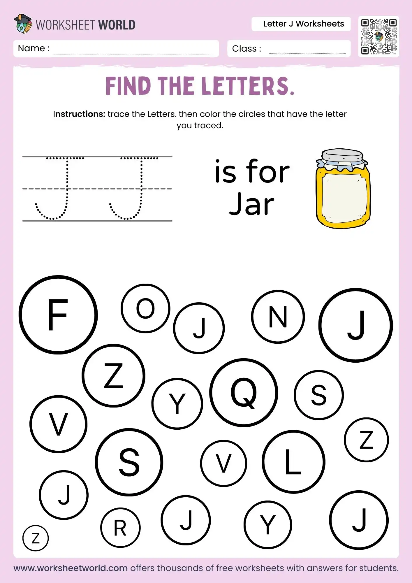 letter j worksheets for kindergarten featuring a honey jar and a find the letters circle puzzle