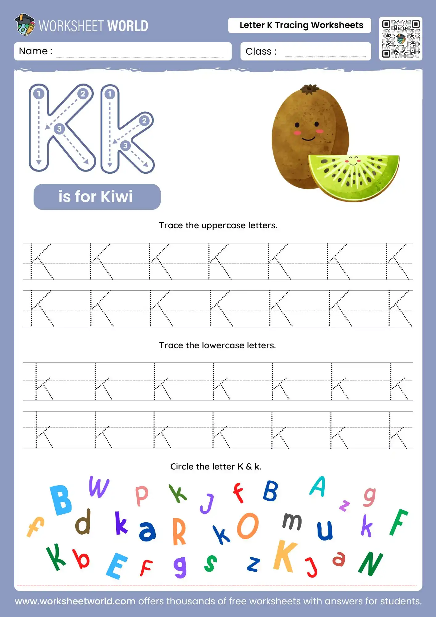 Letter K Tracing Worksheets For Beginners (Free Printable) 1 letter k tracing worksheets with a kiwi fruit drawing and a colorful letter search grid