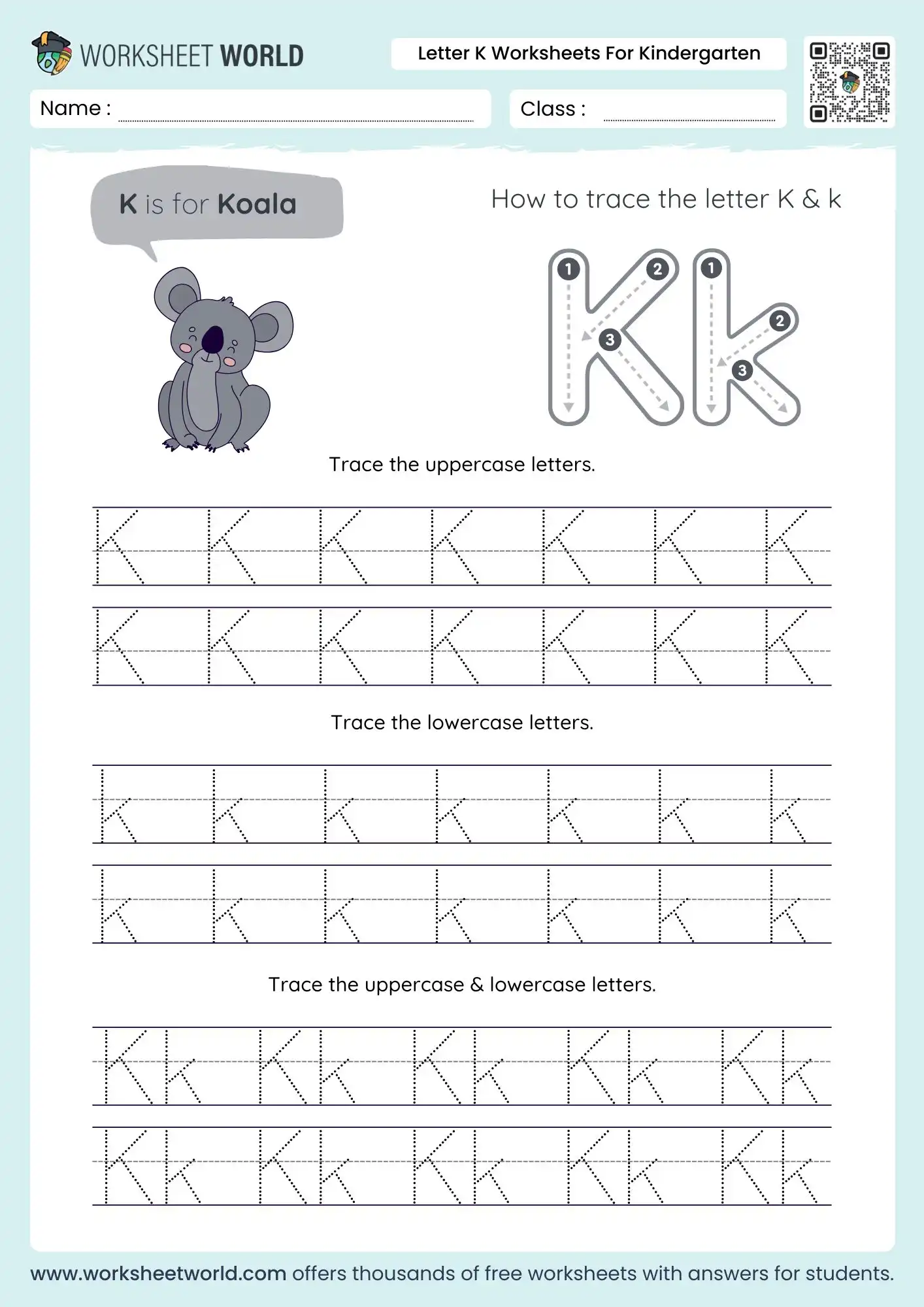 Master the ABCs: Letter K Worksheets For Kindergarten 1 letter k worksheets for kindergarten featuring a koala illustration and combined letter pair tracing rows