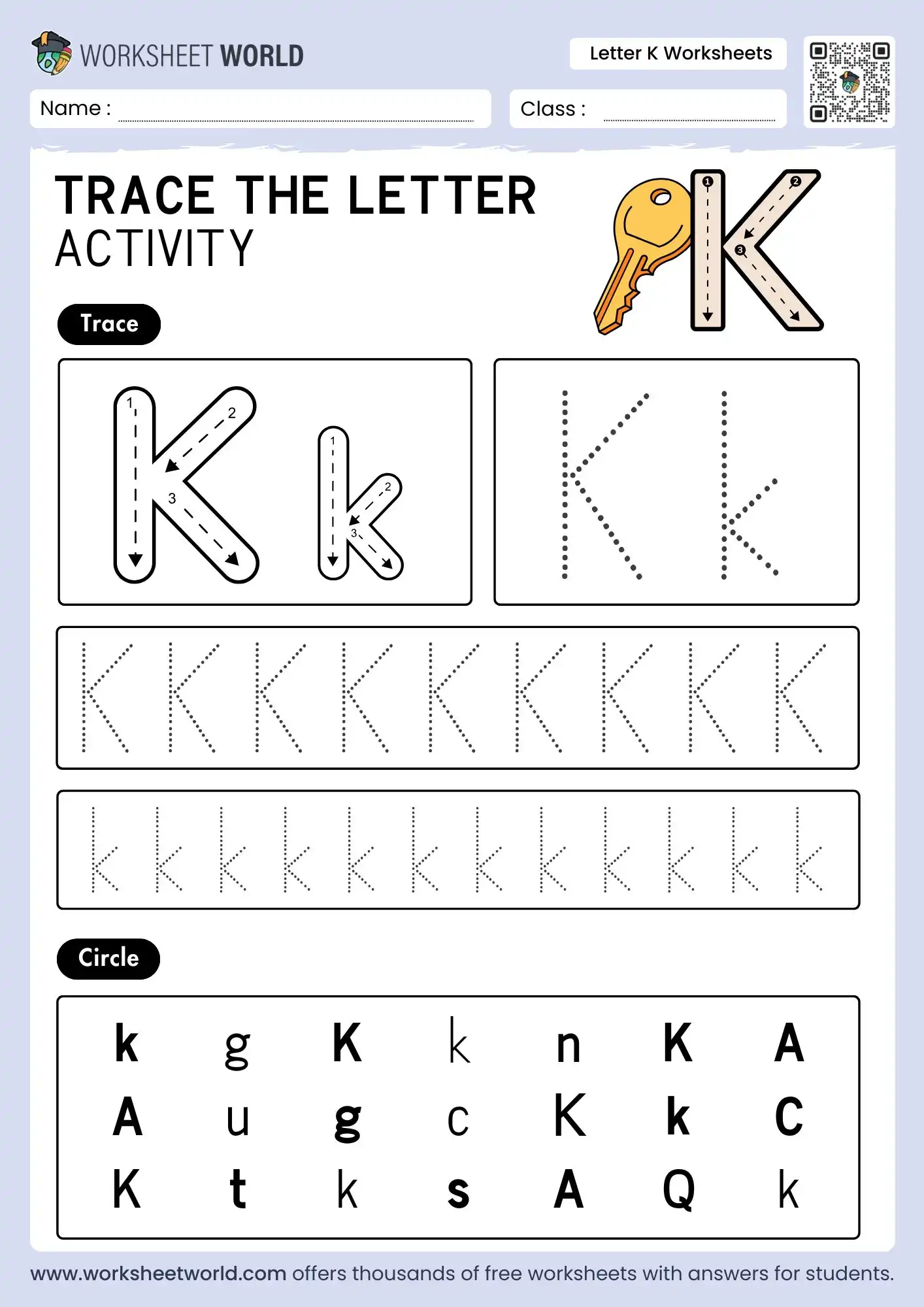 Free Printable Letter K Worksheets For Preschool 1 letter k worksheets with a key drawing and a letter identification circle grid for kindergarten