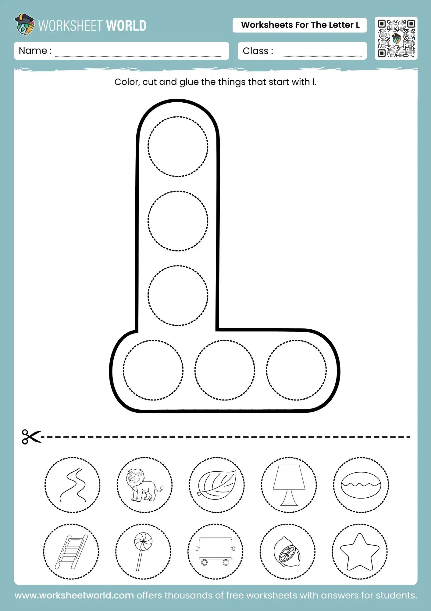 Letter L Tracing Worksheet (Free Printable For Preschool and Kindergarten) 1 letter l tracing worksheets featuring a cut and paste activity with a lion leaf and lamp