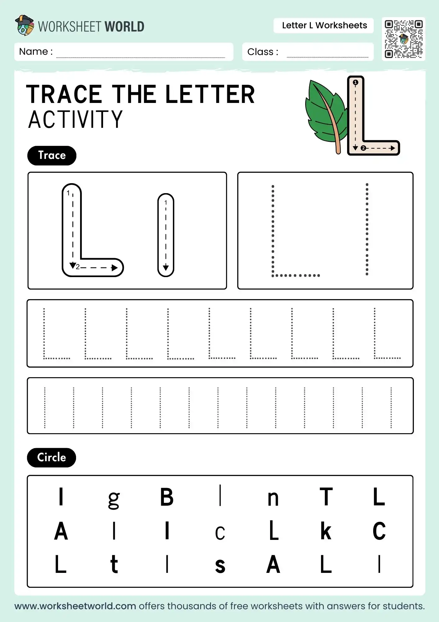 Free Printable Letter L Worksheets For Preschool and Kindergarten 1 letter l worksheets with a leaf drawing and a letter identification circle grid for kindergarten