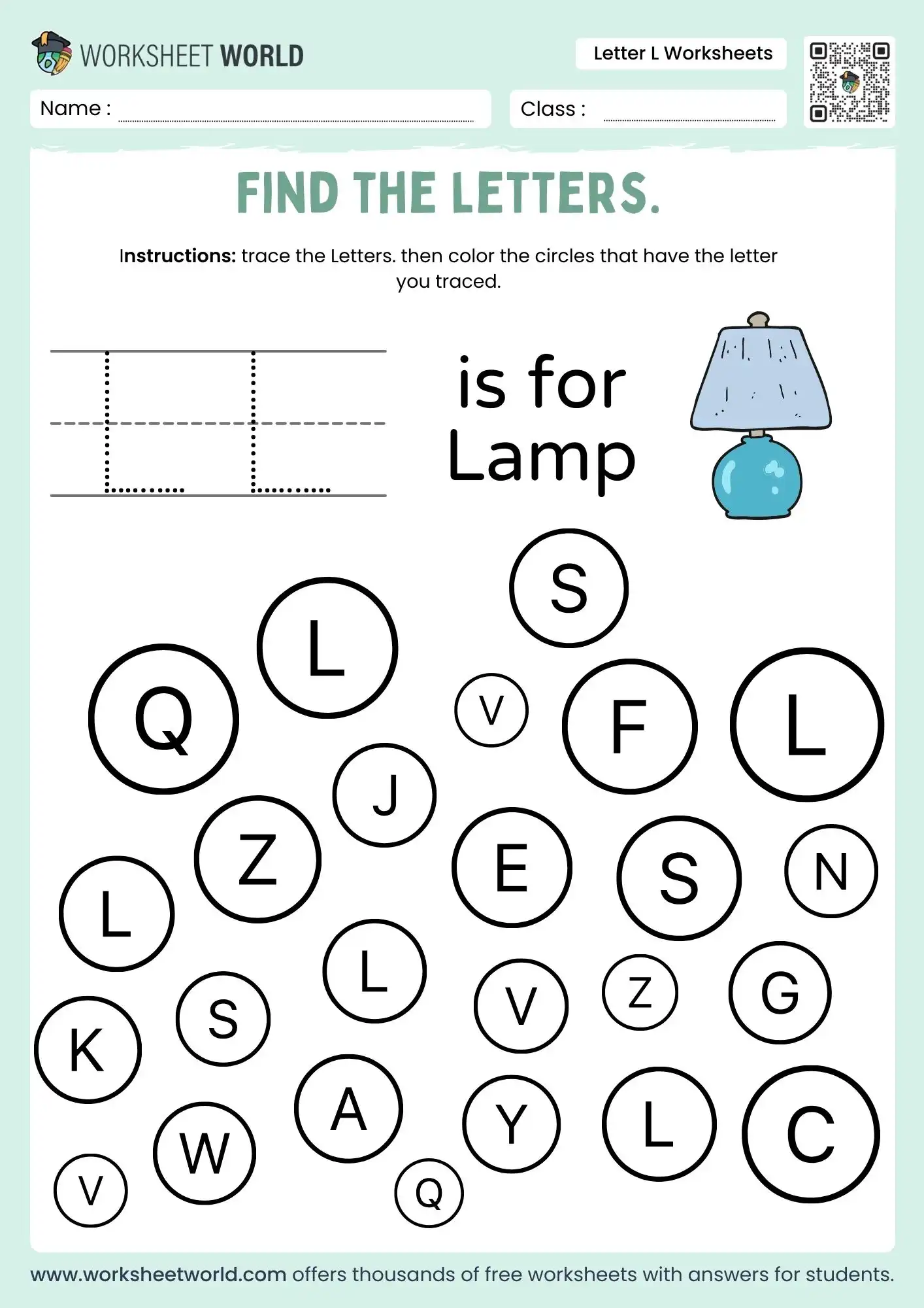 Free Printable Letter L Worksheets For Preschool and Kindergarten 2 letter l worksheets for kindergarten featuring a lamp and a find the letters circle puzzle
