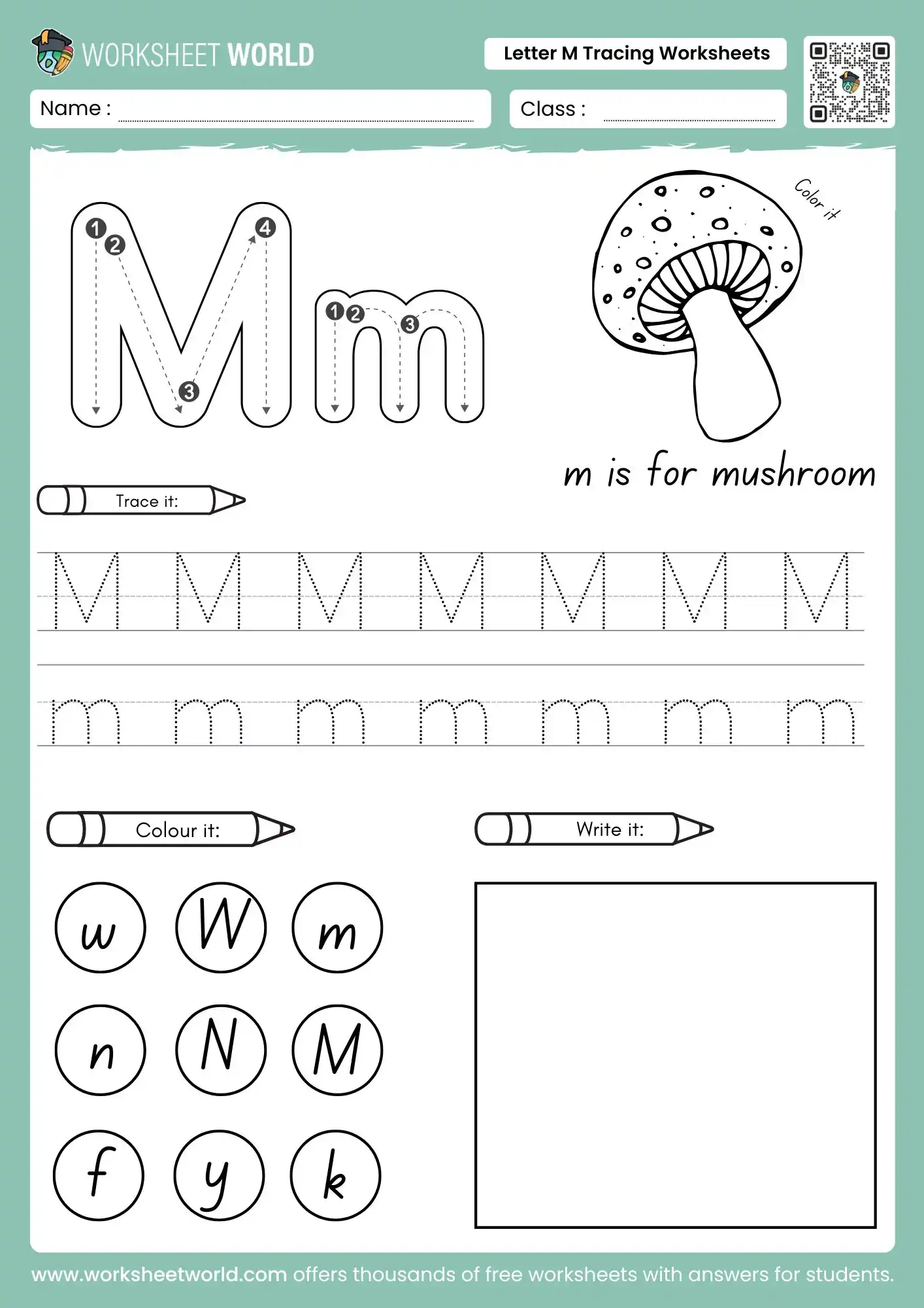 Master the Mountains: Free Letter M Tracing Worksheets For Kids 1 letter m tracing worksheets with a mushroom drawing and letter identification circles