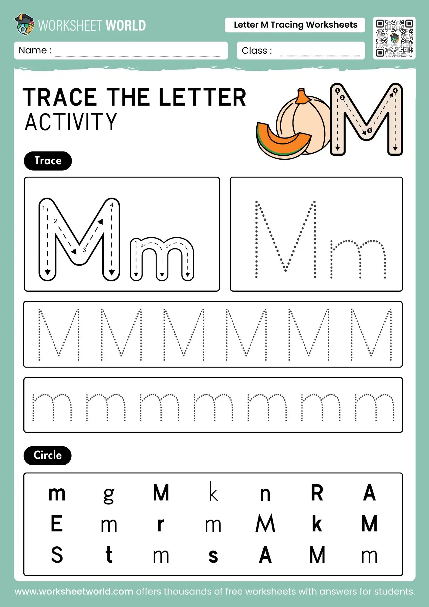 Master the Mountains: Free Letter M Tracing Worksheets For Kids 2 letter m tracing worksheets featuring a melon illustration and a circle grid for kindergarten