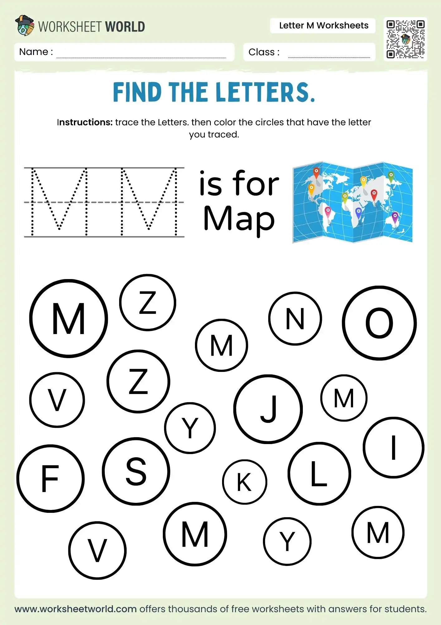 letter m worksheets for kindergarten featuring a map and a find the letters circle puzzle