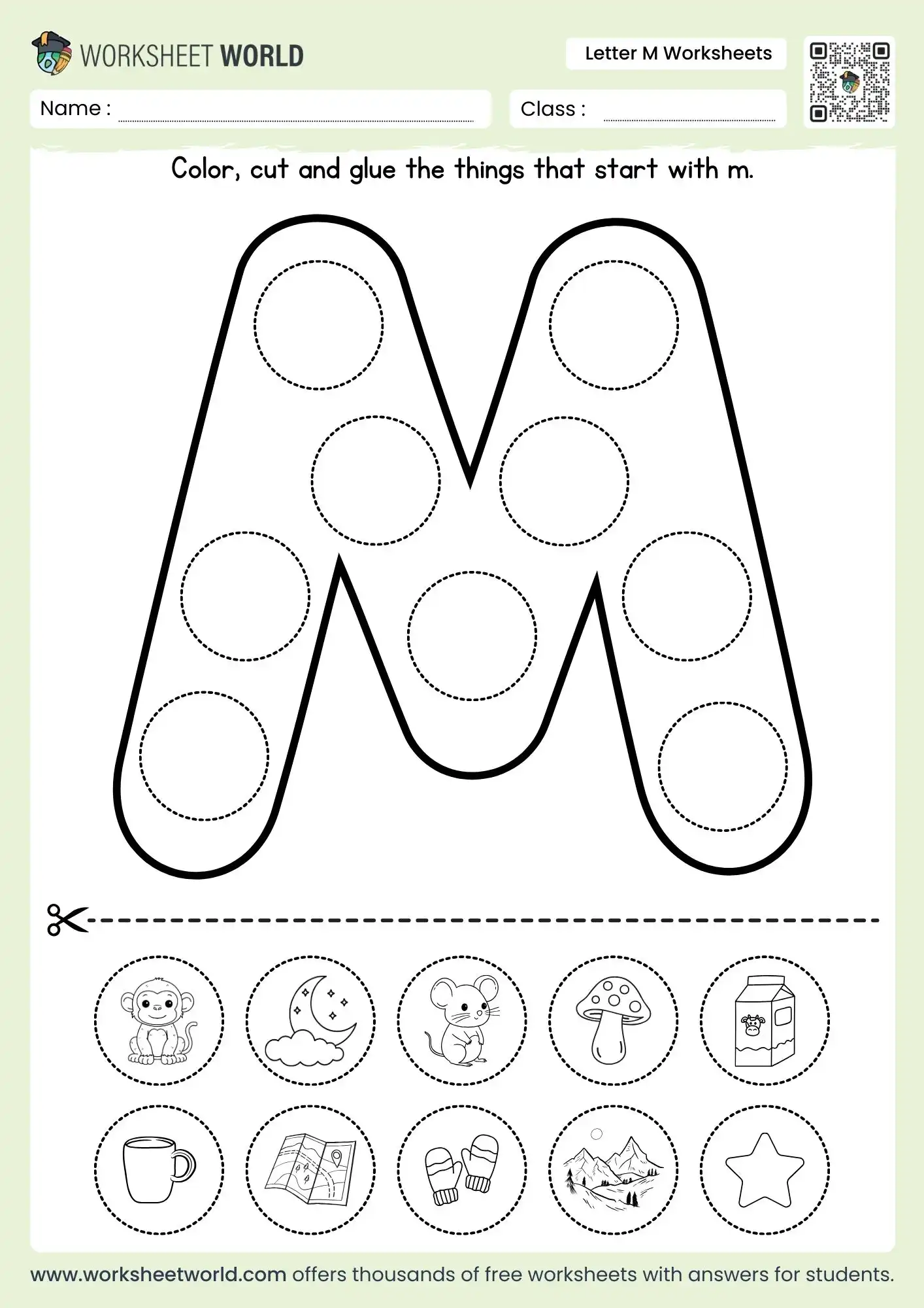 letter m worksheets featuring a cut and paste activity with monkey moon mouse and milk