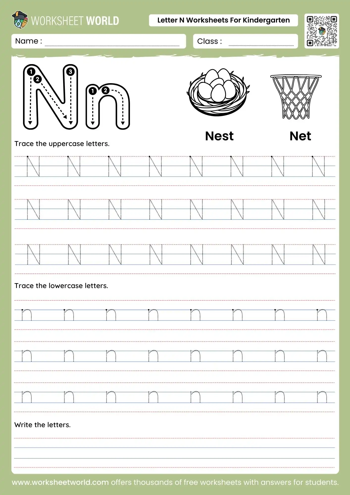 letter n worksheets for kindergarten featuring a nest and net with dedicated uppercase and lowercase tracing rows