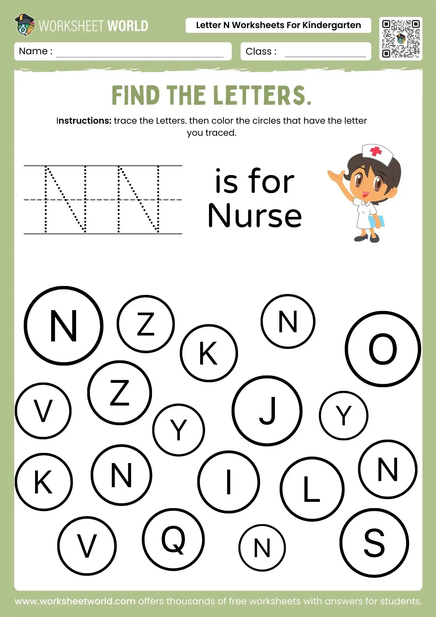 letter n worksheets for kindergarten featuring a nurse illustration and a find the letters circle puzzle