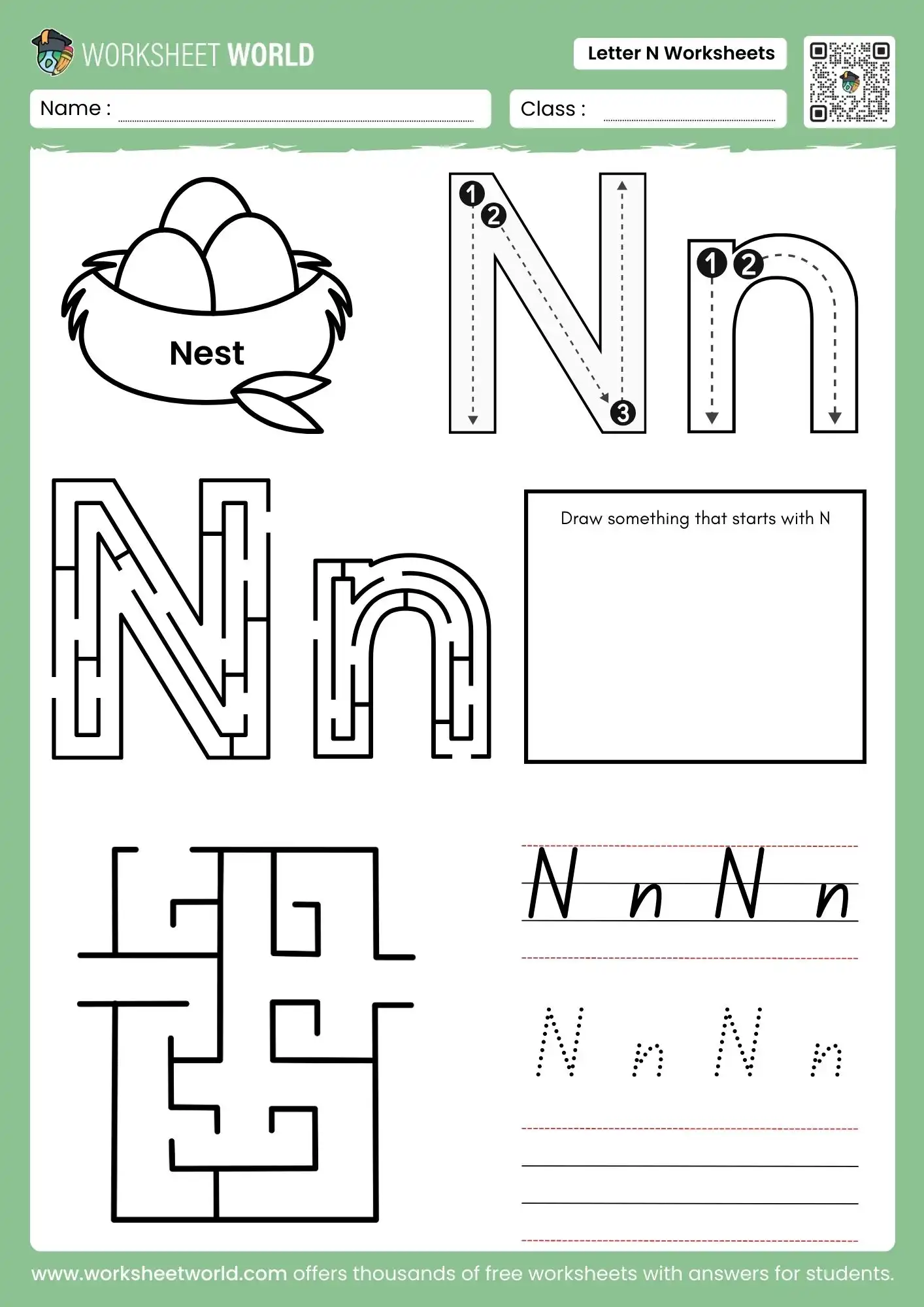 Letter N Worksheets (Free Printable For Preschool and Kindergarten) 1 letter n worksheets for kindergarten featuring a nest drawing and two alphabet mazes