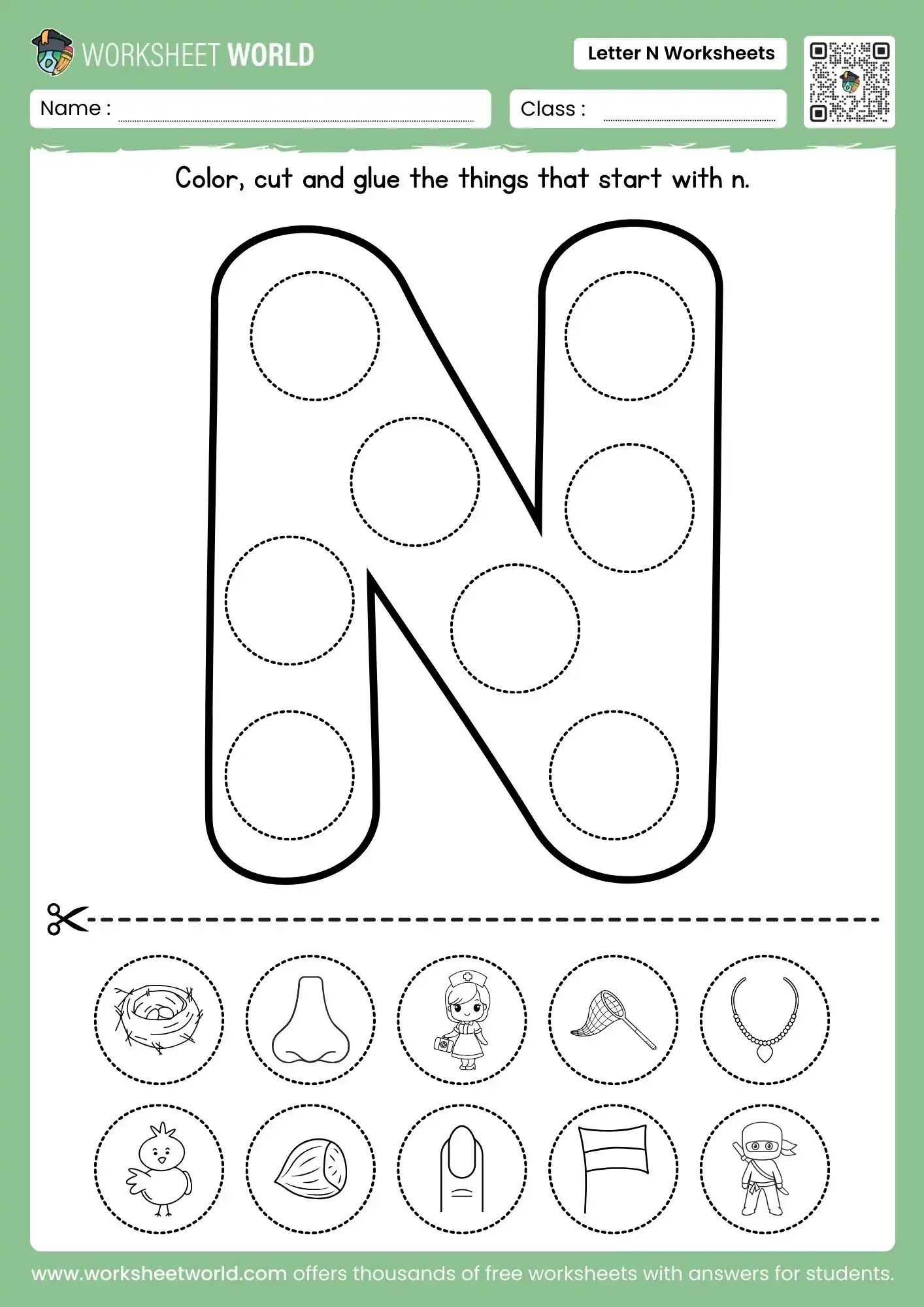 Letter N Worksheets (Free Printable For Preschool and Kindergarten) 2 letter n worksheets featuring a cut and paste activity with nest nose nurse and net
